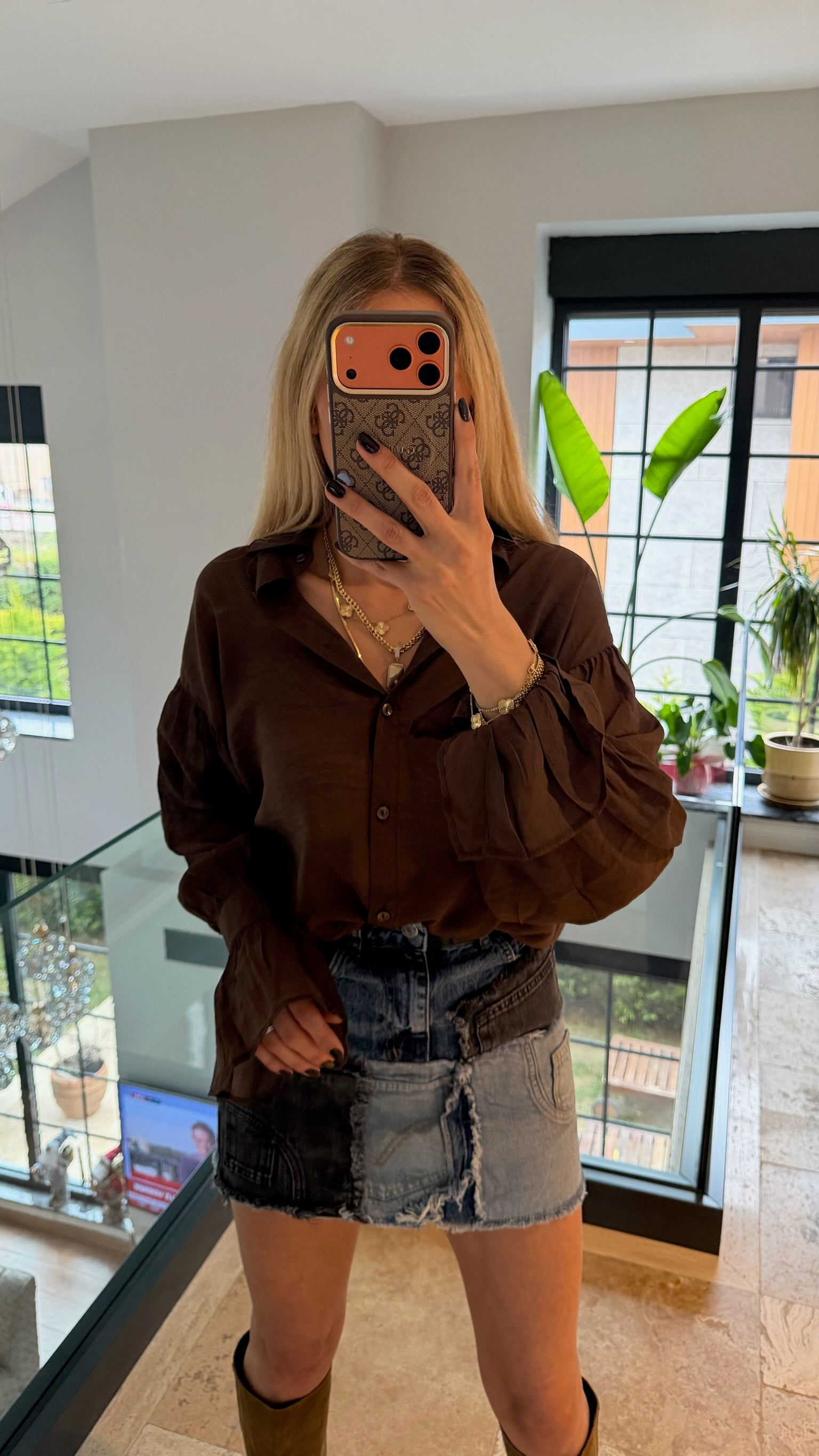 Kol Büzgülü Gömlek Kahverengi