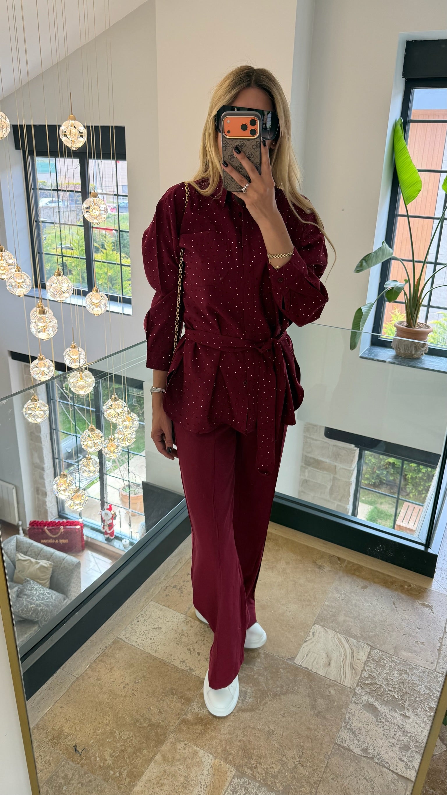 Diamond Taşlı İkili Takım Bordo