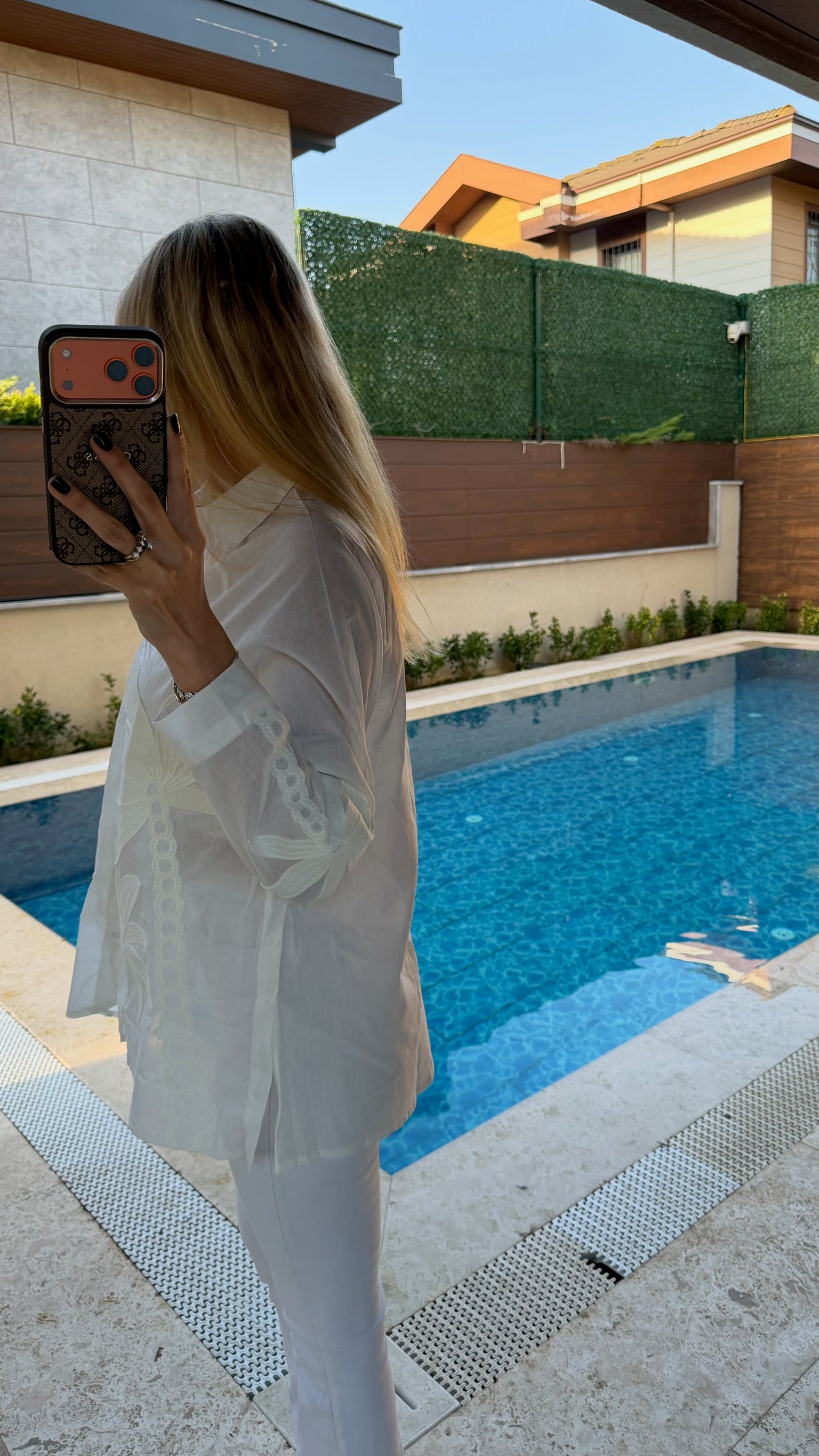 Palmiye İşlemeli Uzun Kollu Keten Gömlek Ekru Beyaz