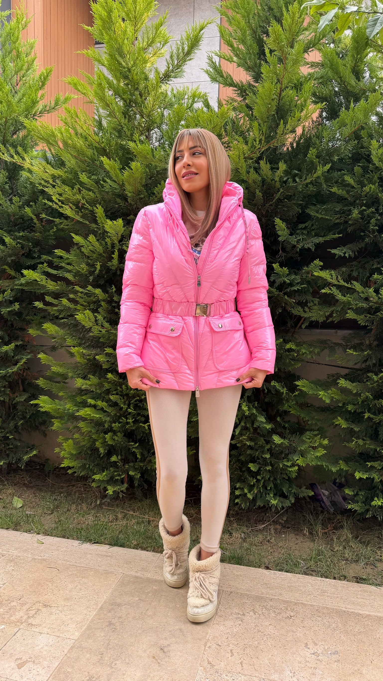 Luxe Kemerli İthal Kaz Tüyü Mont Şeker Pembesi