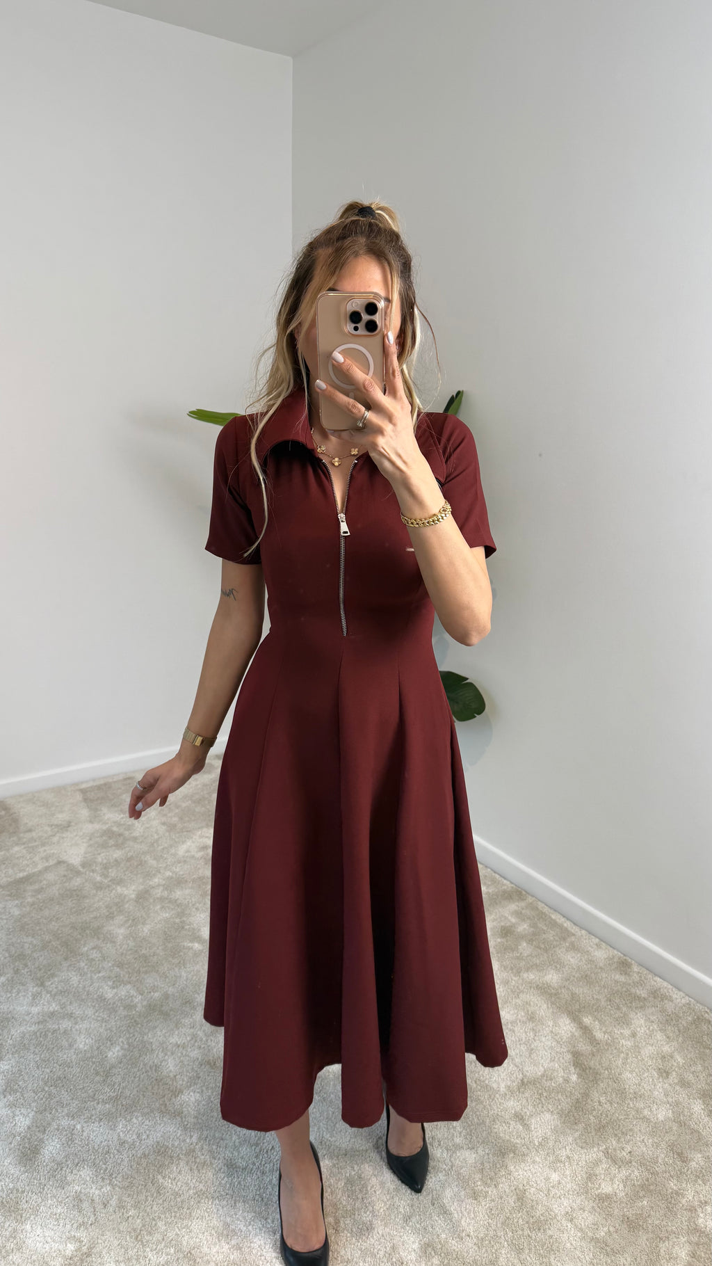 Kier Bordo Fermuarlı Elbise