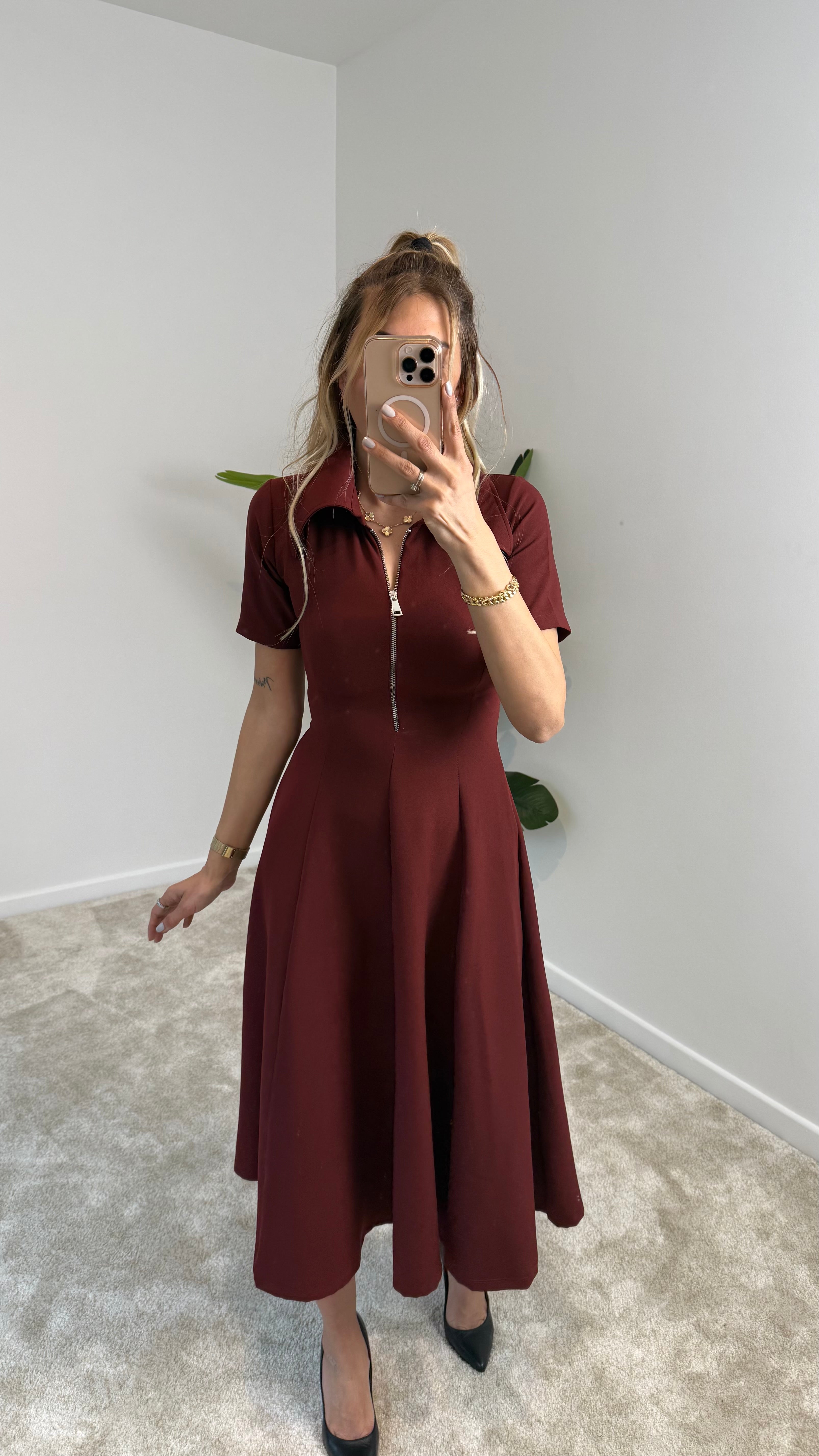 Kier Bordo Fermuarlı Elbise