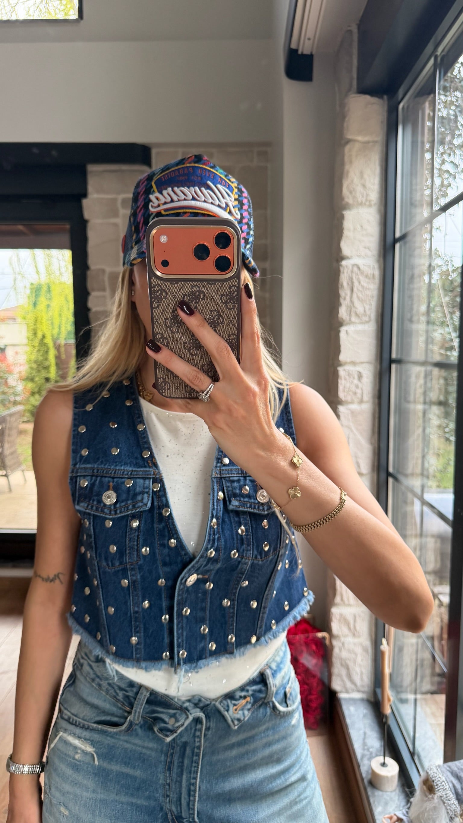 Zımba Detaylı Cepli Düğmeli Koyu Kot Yelek