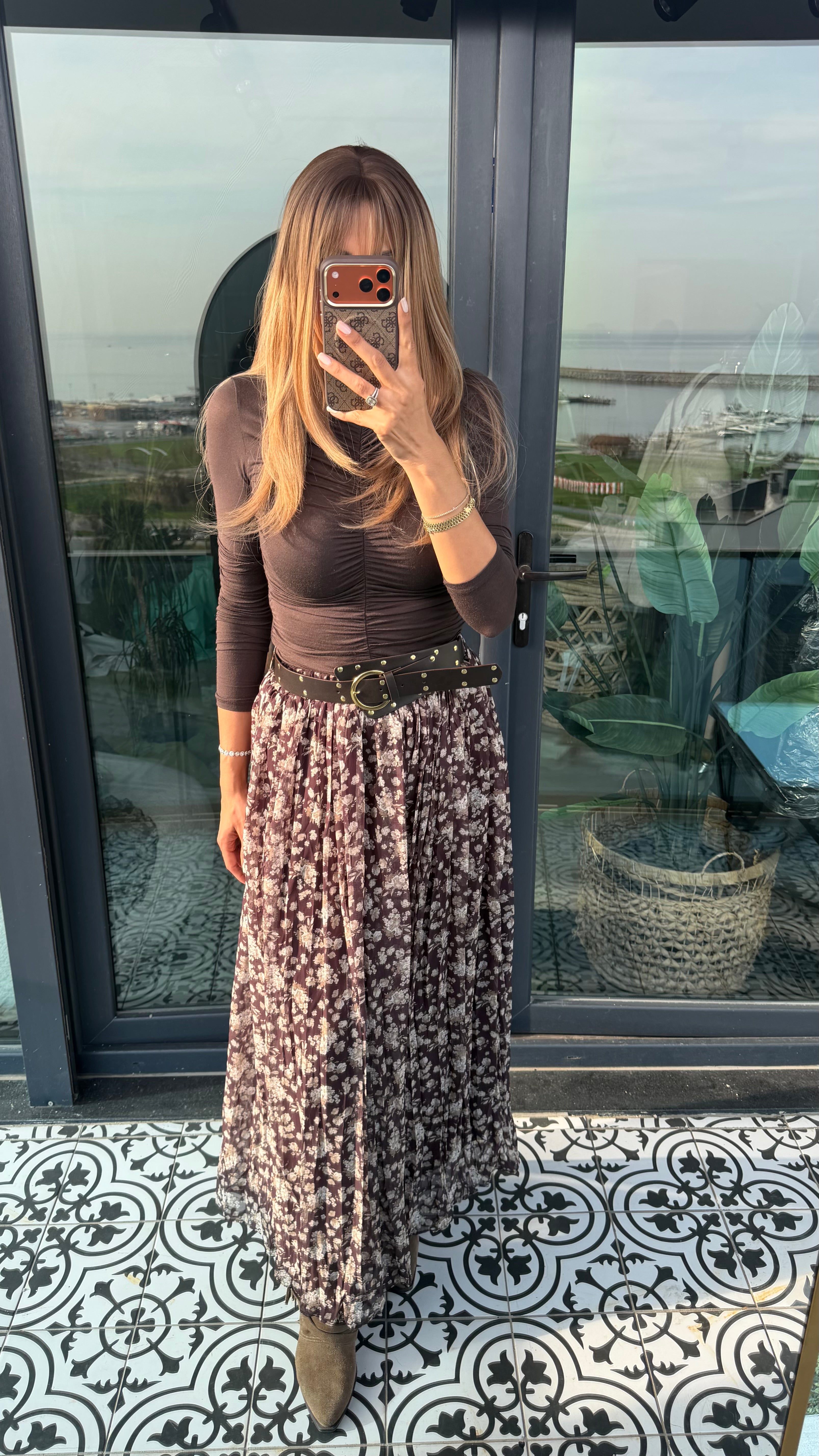 Kemerli Çıtır Desen  Kahve Uzun Etek