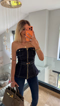 Lacivert Straplez Fermuarlı Denim Bluz