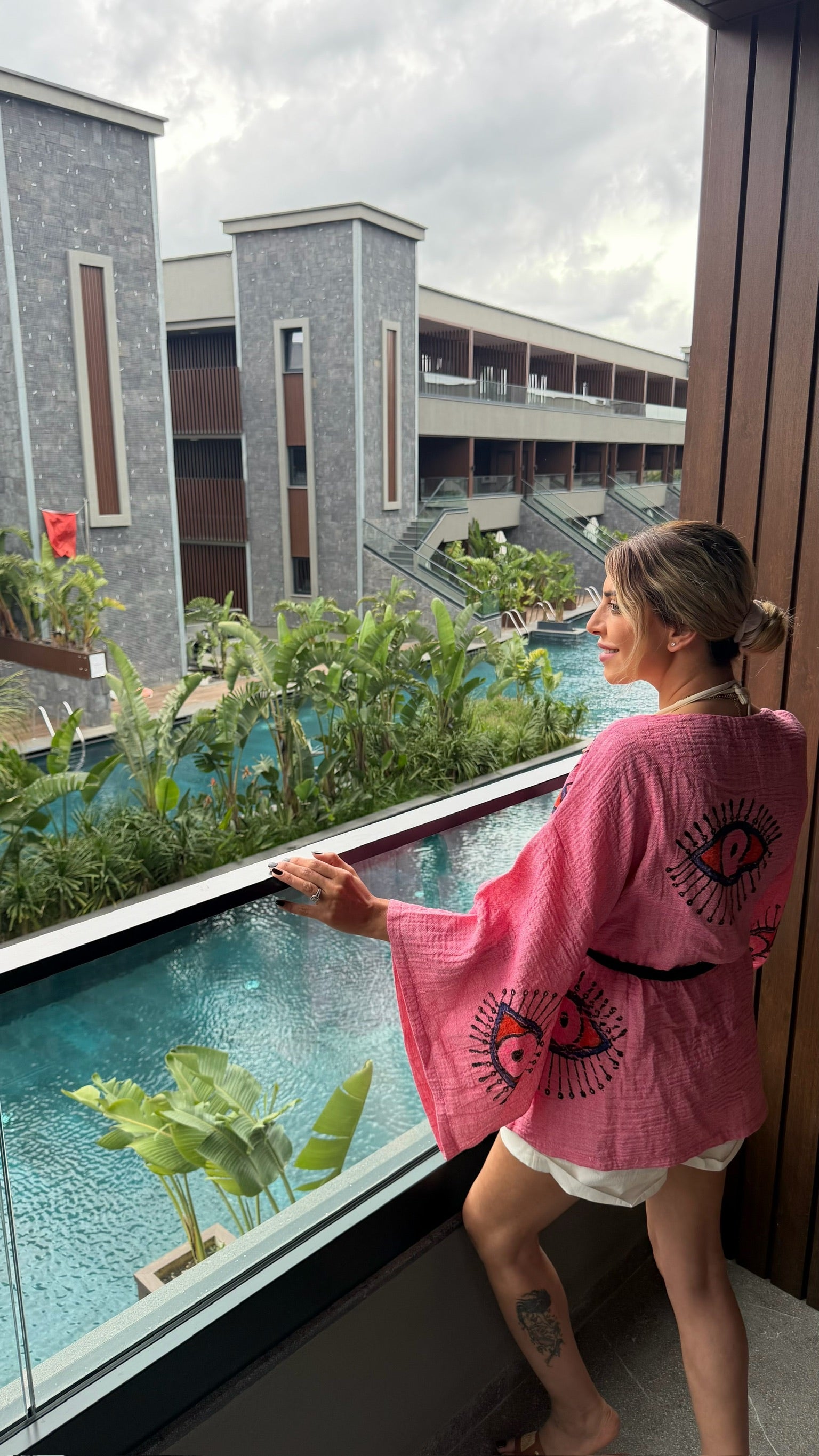 Duru Pamuk Dokuma Taş Baskı Pembe Kimono