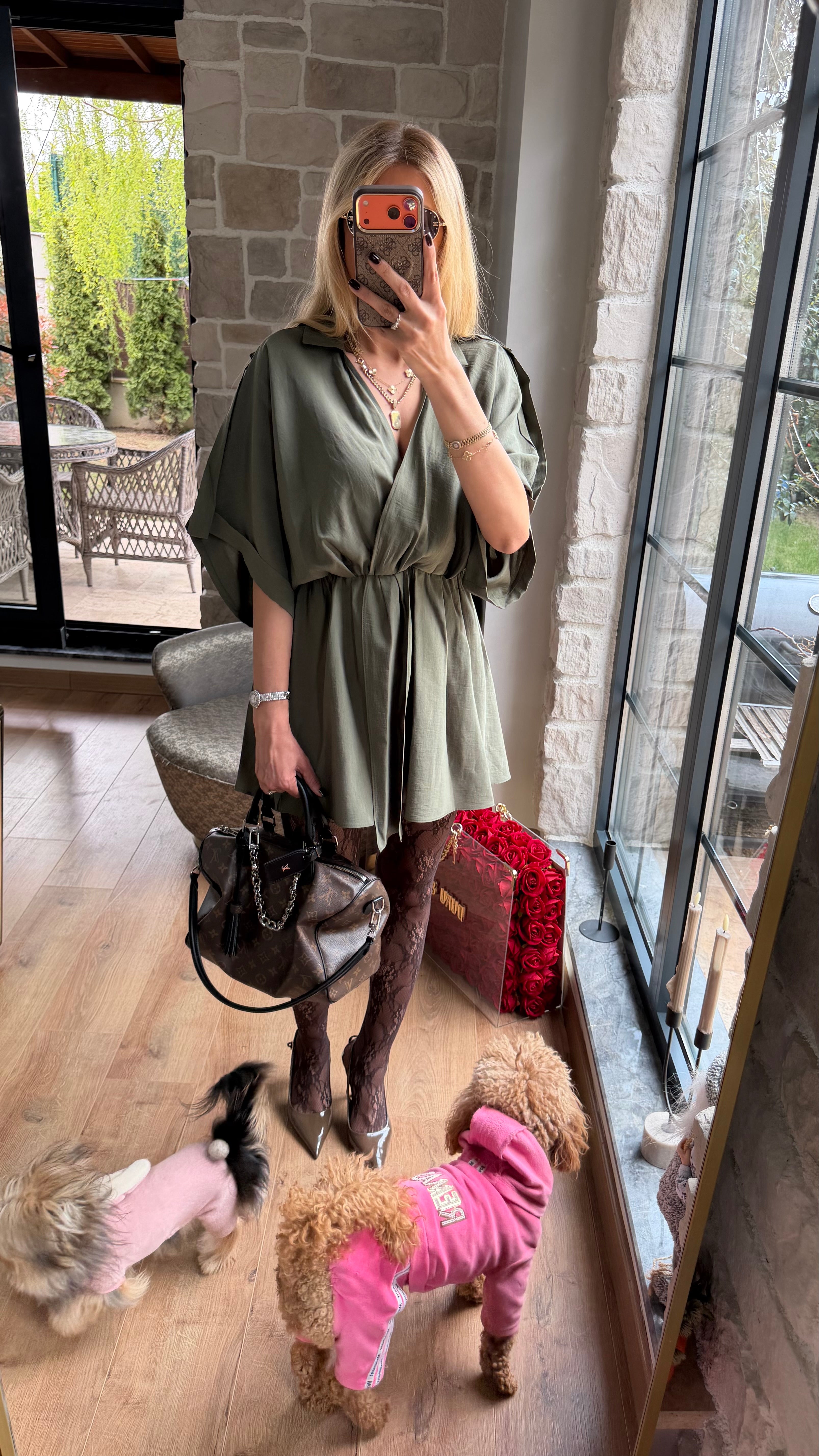 Modal V Yaka Belden Büzgülü Salaş Kesim Mini Elbise Haki