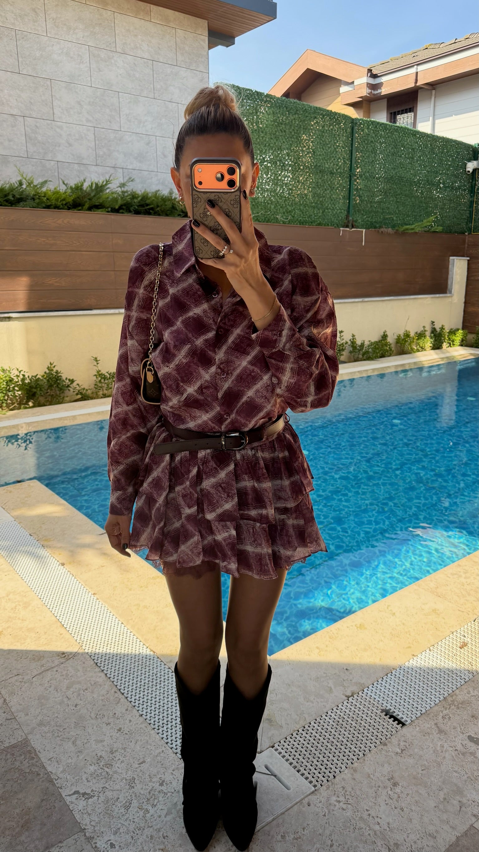 Ekose Desenli Kemerli Gömlek Etek Takım Bordo