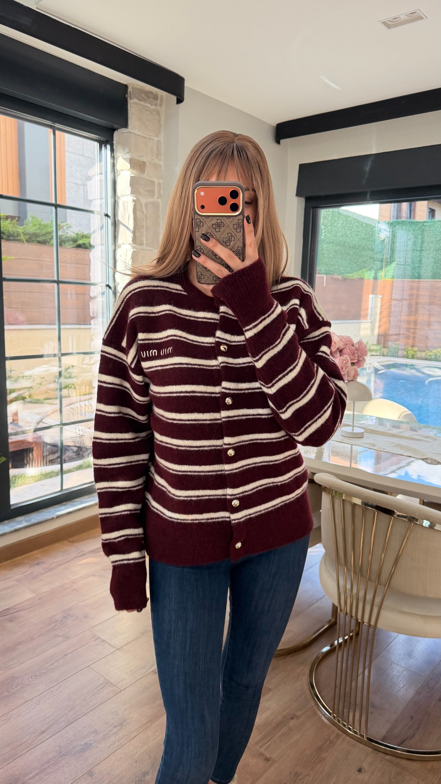 MM Yumoş Gold Düğmeli Şeritli Hırka Bordo