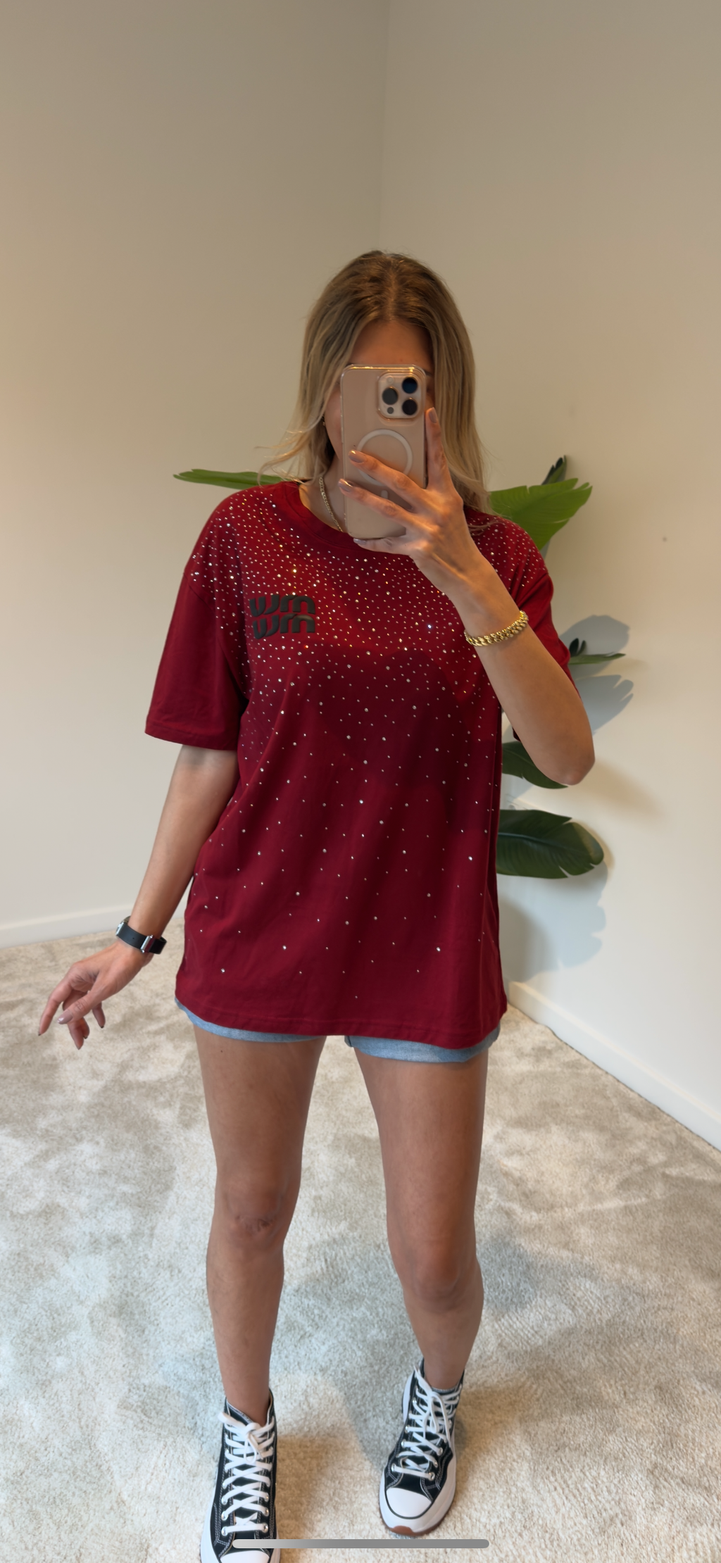 Miu Miu Taşlı Tişört Bordo
