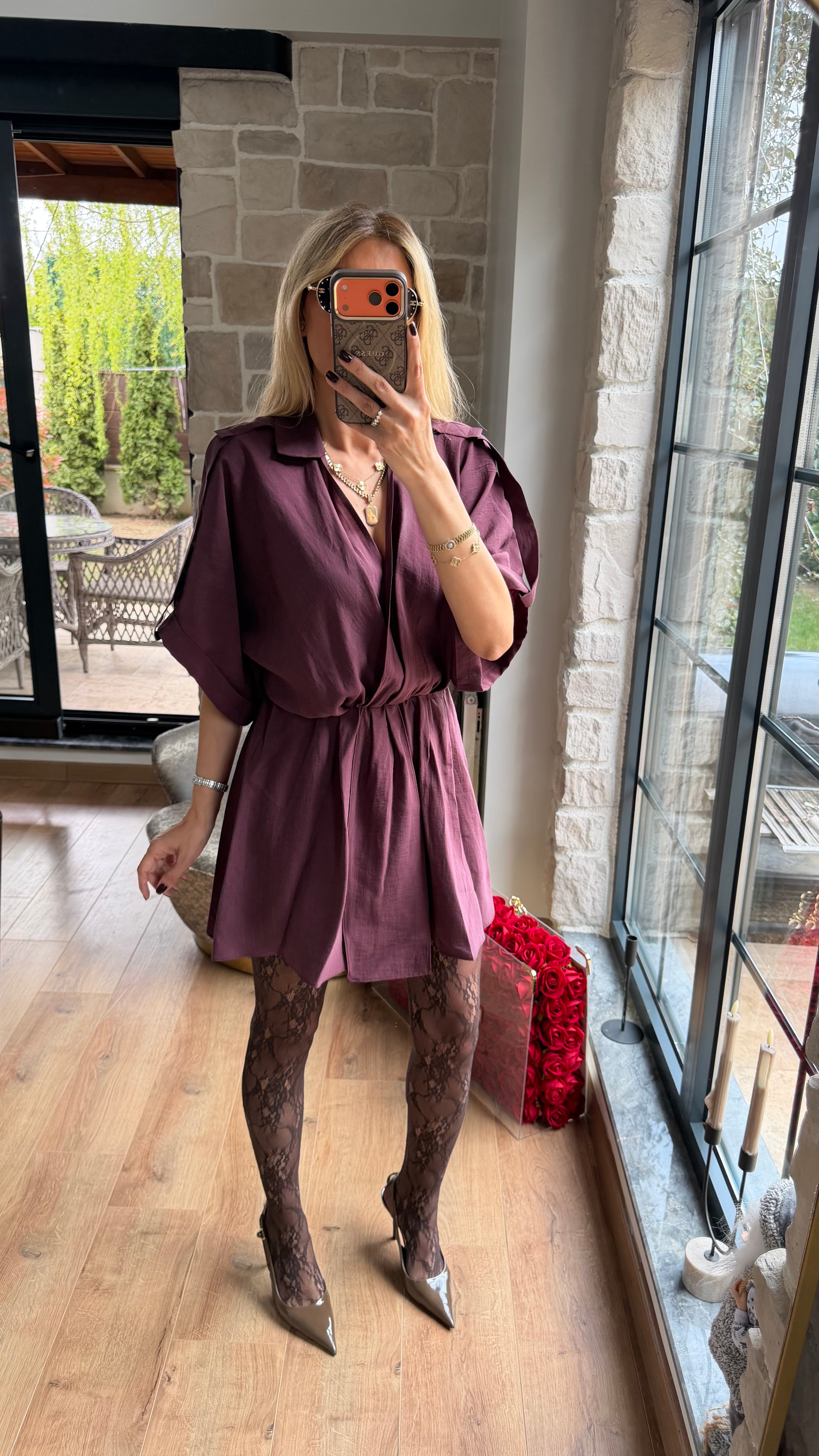 Modal V Yaka Belden Büzgülü Salaş Kesim Mini Elbise Mürdüm