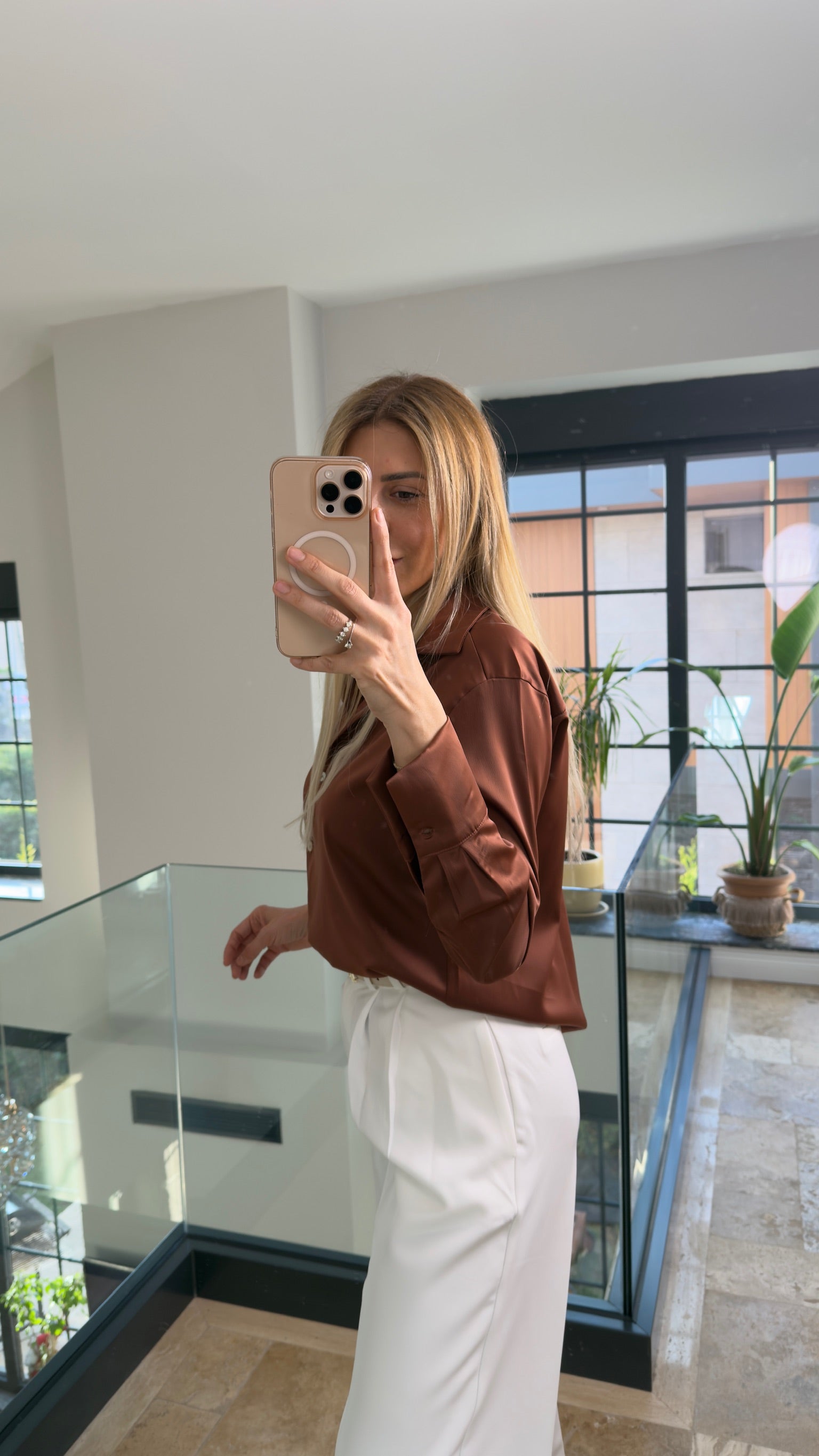 Stery Saten Gömlek Acı Kahve