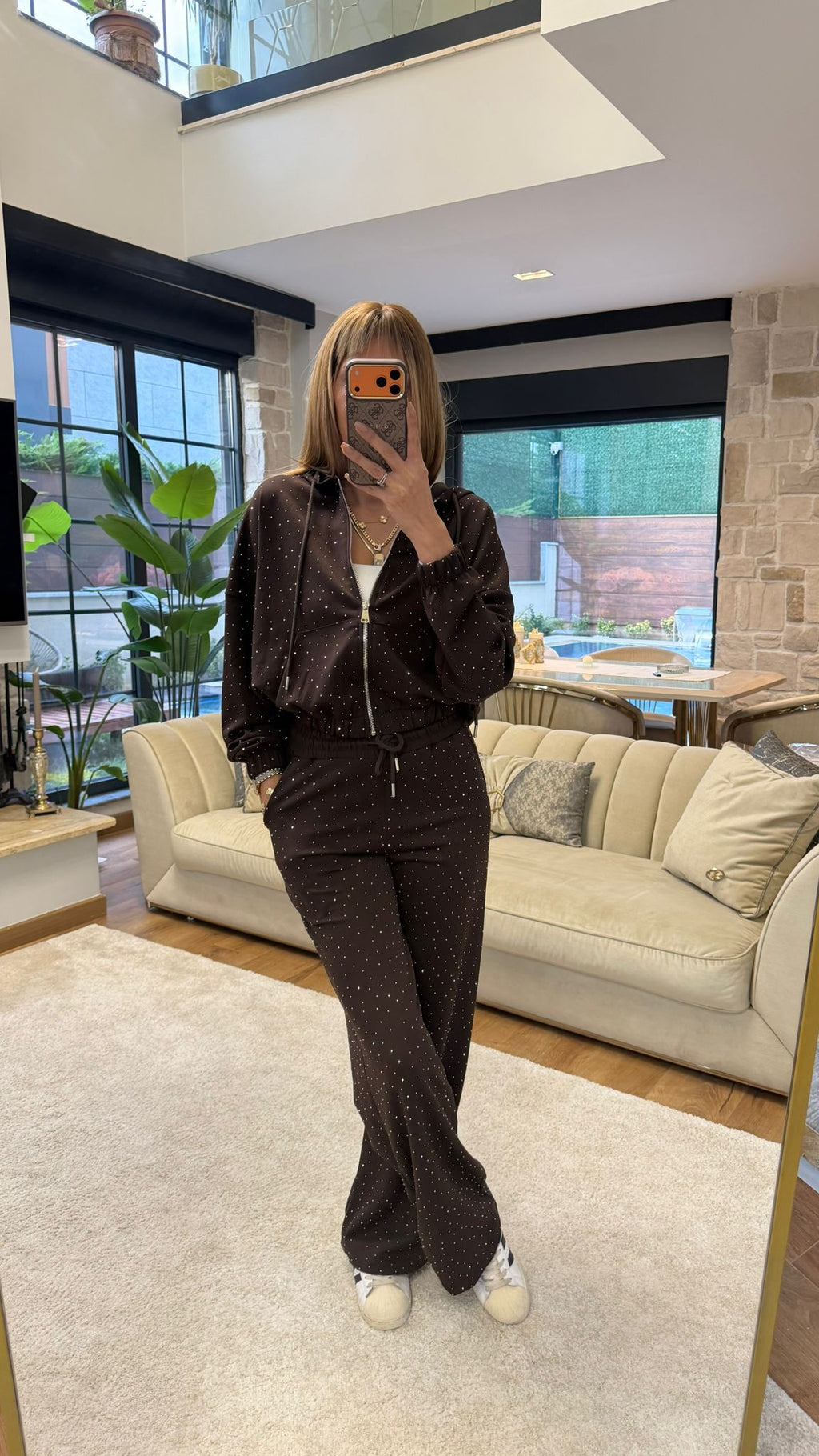 Fermuarlı Kapüşonlu Taşlı İkili Takım Acı Kahve