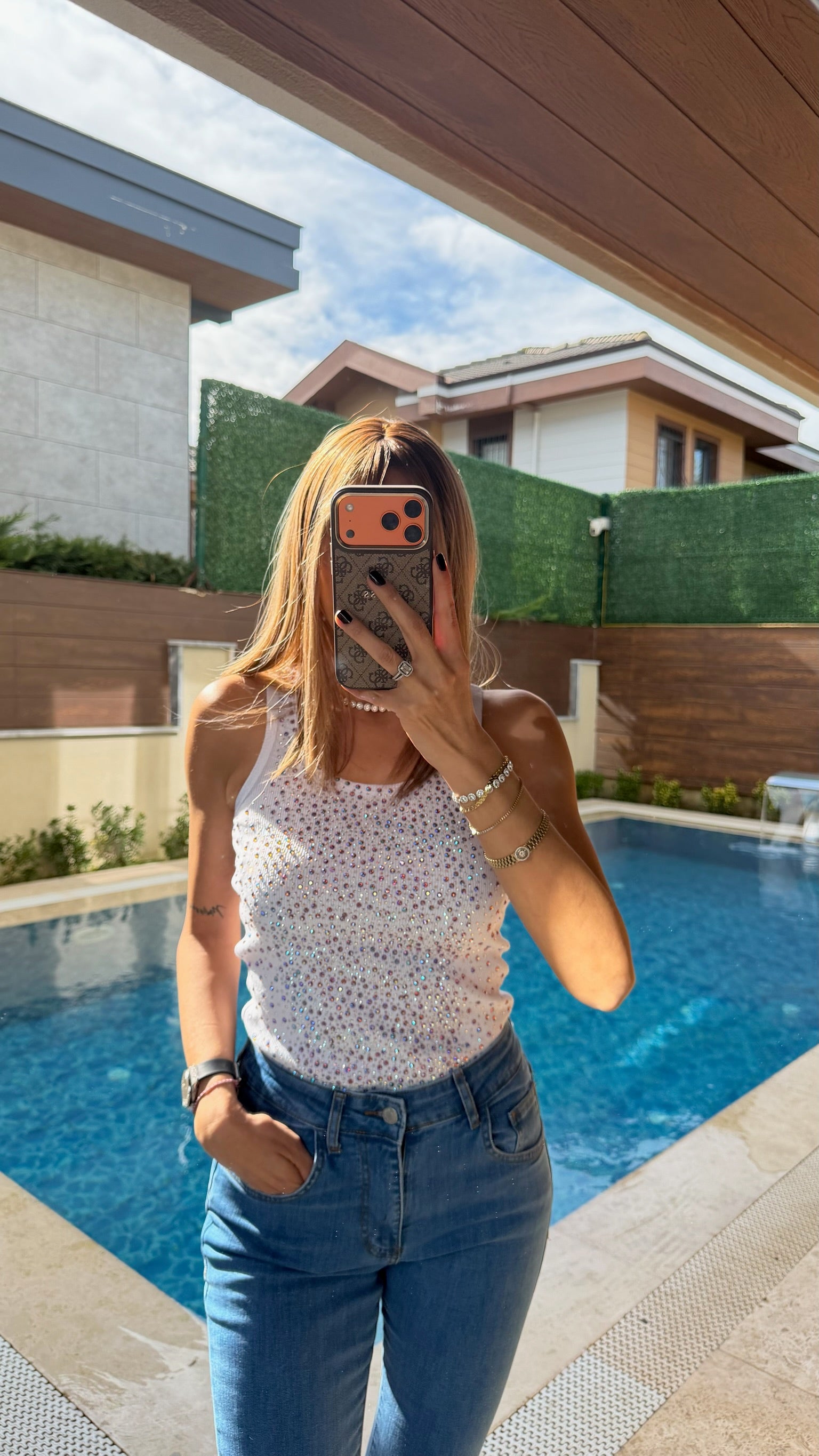 Renkli Dağınık Taş Detaylı Atlet