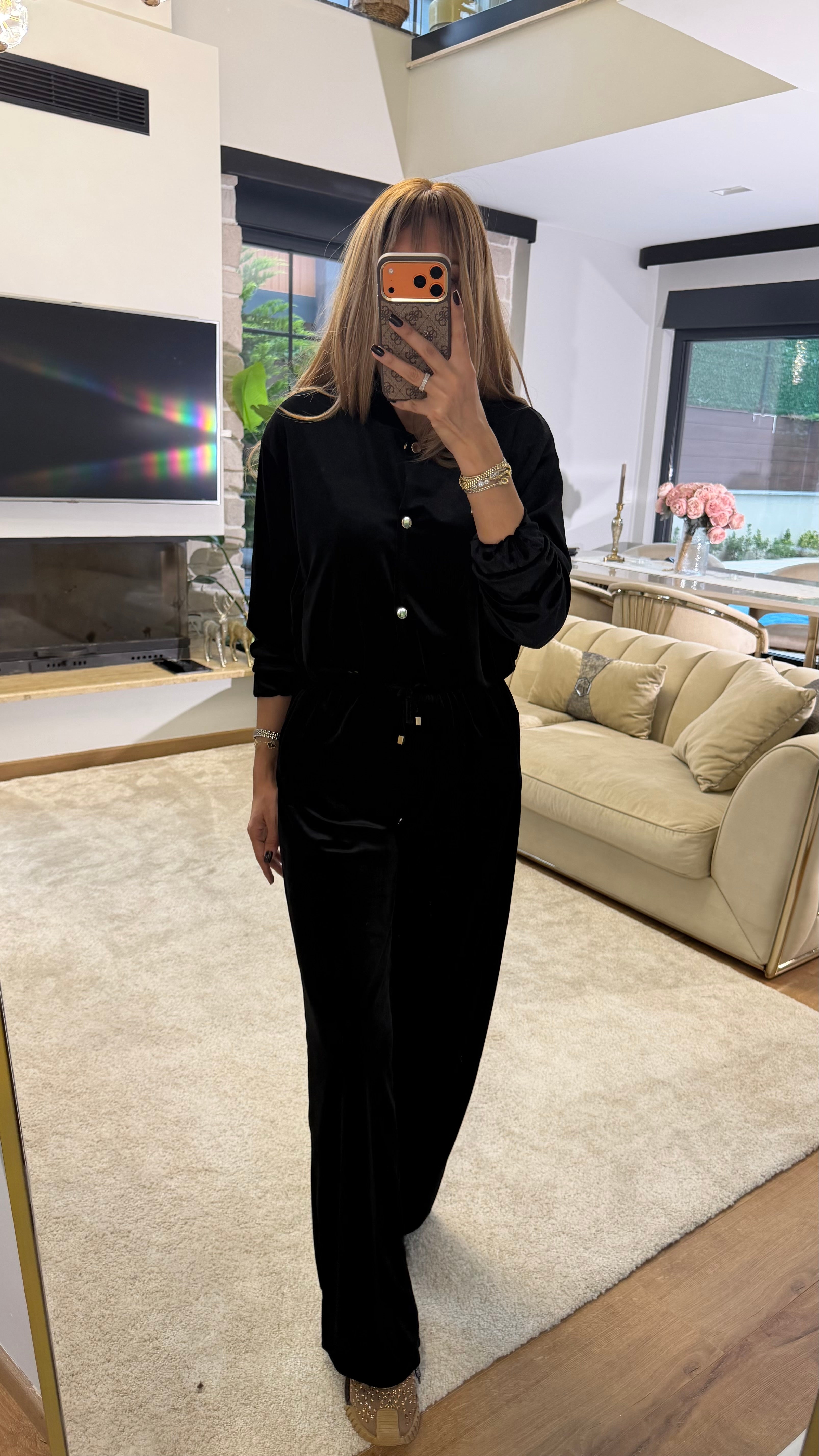 Kadife Çıt Çıt Detaylı Takım Siyah