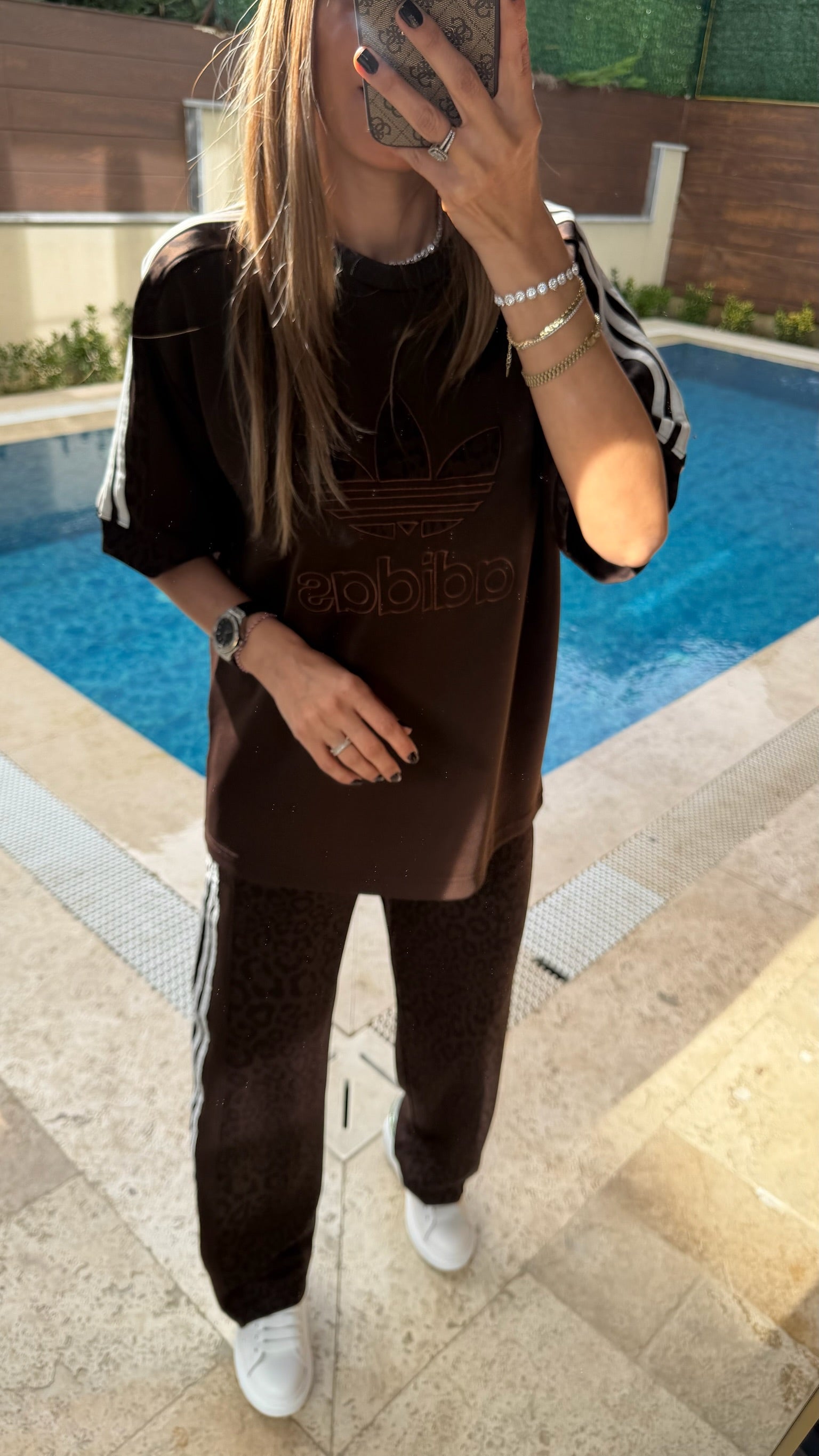 ADS Yan Çizgili Salaş Leopar Tişört Takım Acı Kahve