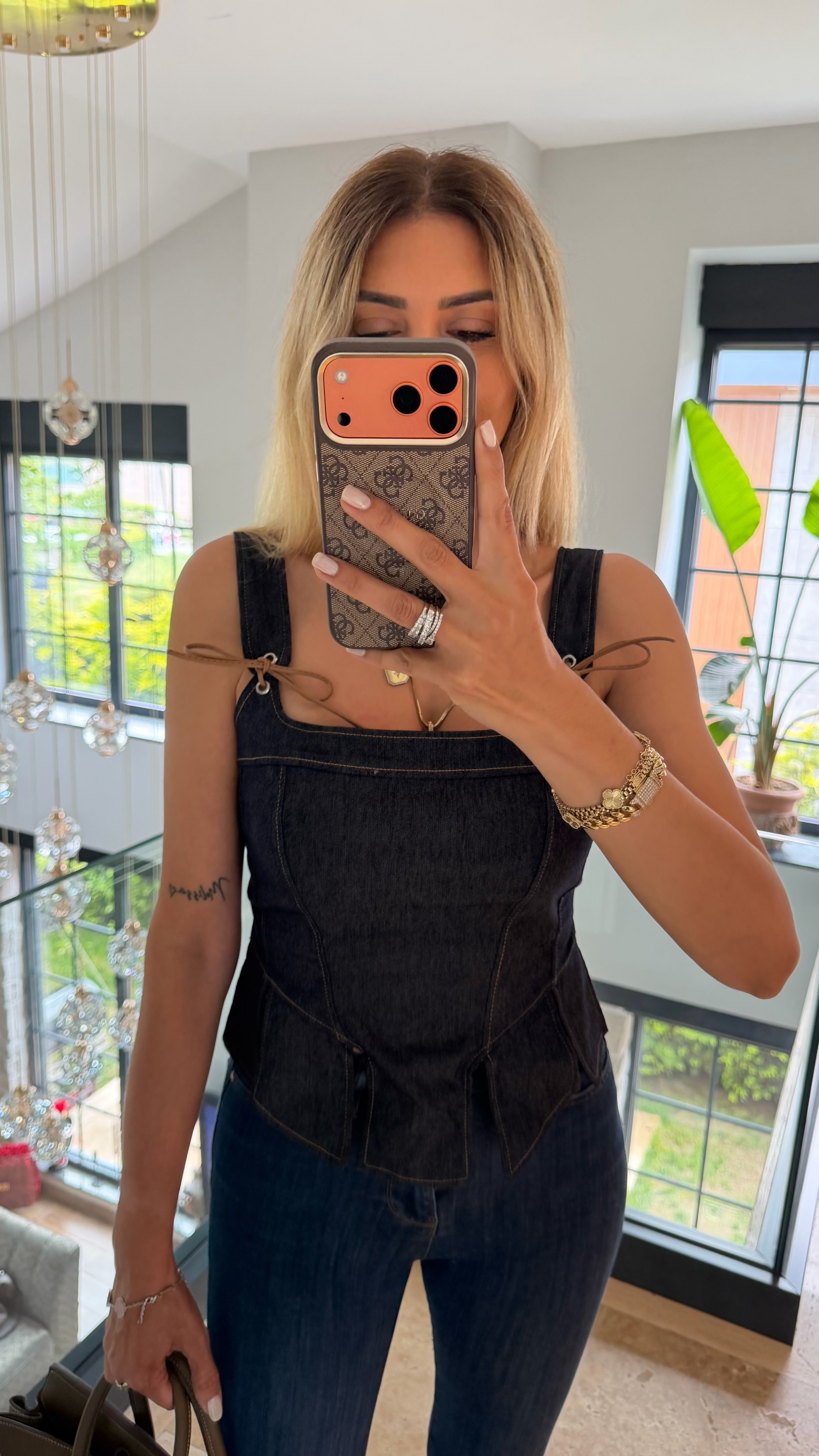 Lacivert Deri Bağlamalı Denim Bluz