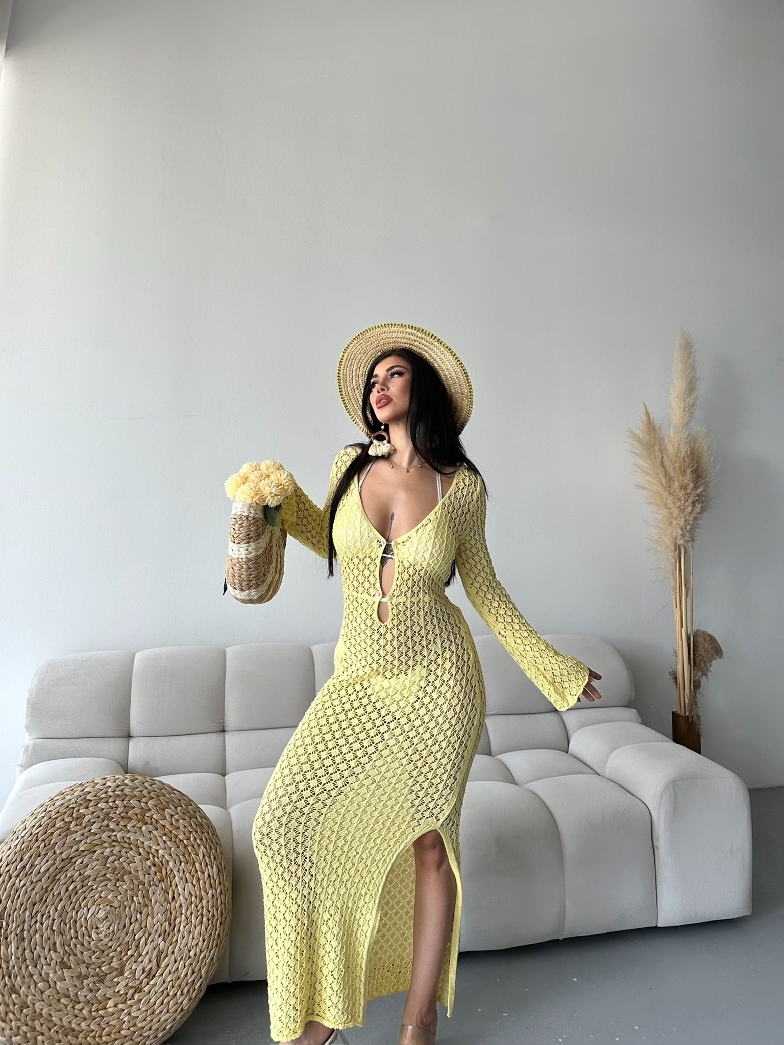 Sea Breeze File Detaylı Plaj Elbisesi Sarı