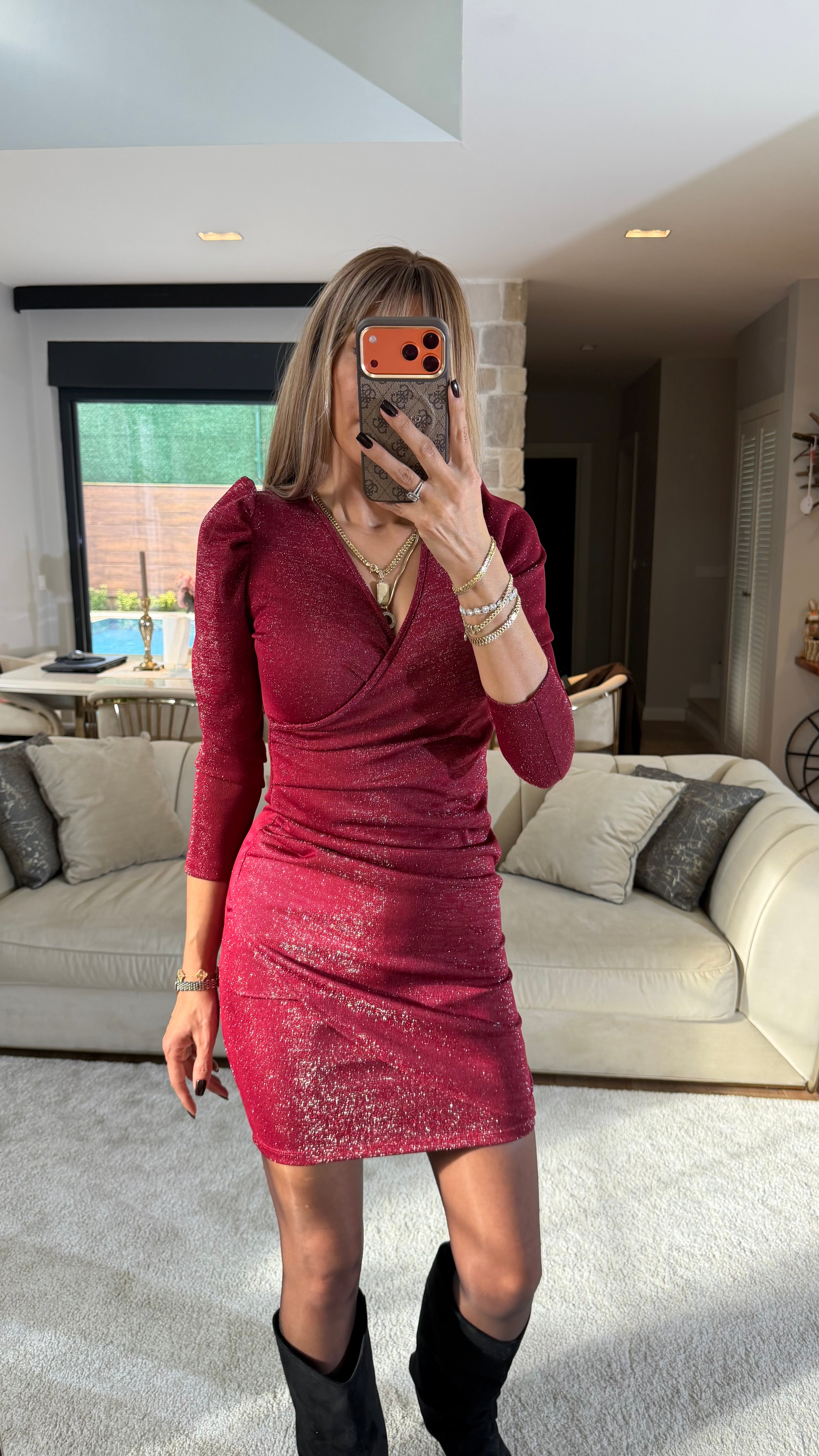 Bordo Kruvaze Yaka Elbise