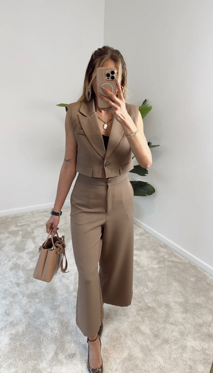 Hery Crop Ceket Pantolon Takım Vizon