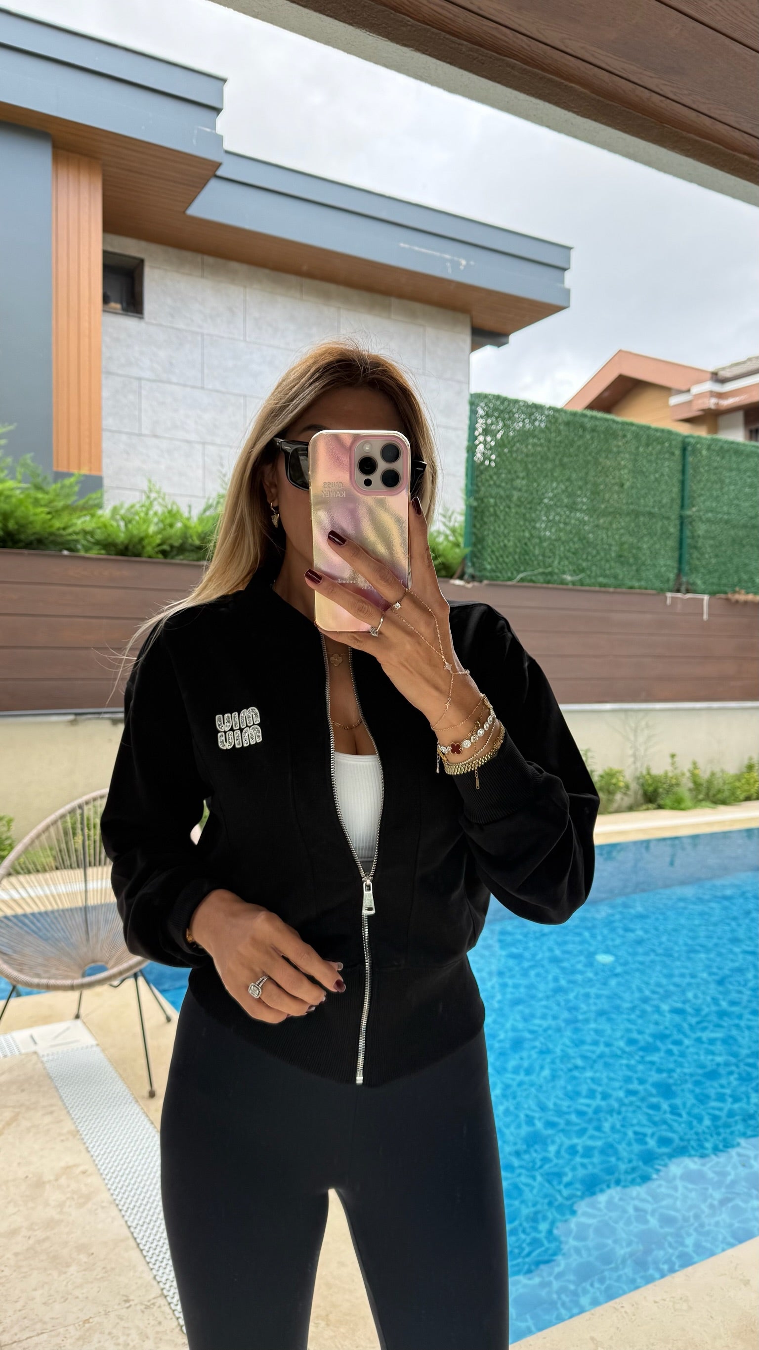 Taşlı Mıu Mıu Fermuarlı Sweatshirt