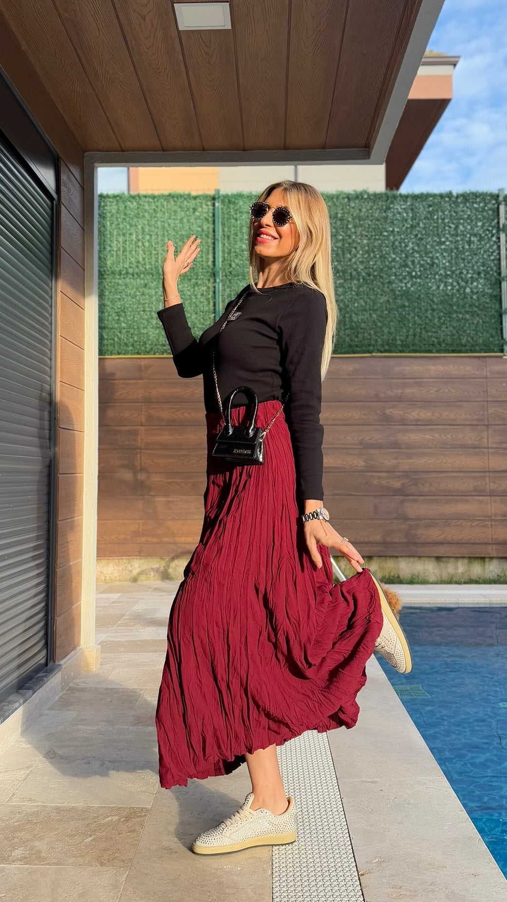 Crush Kırışık Etek Bordo