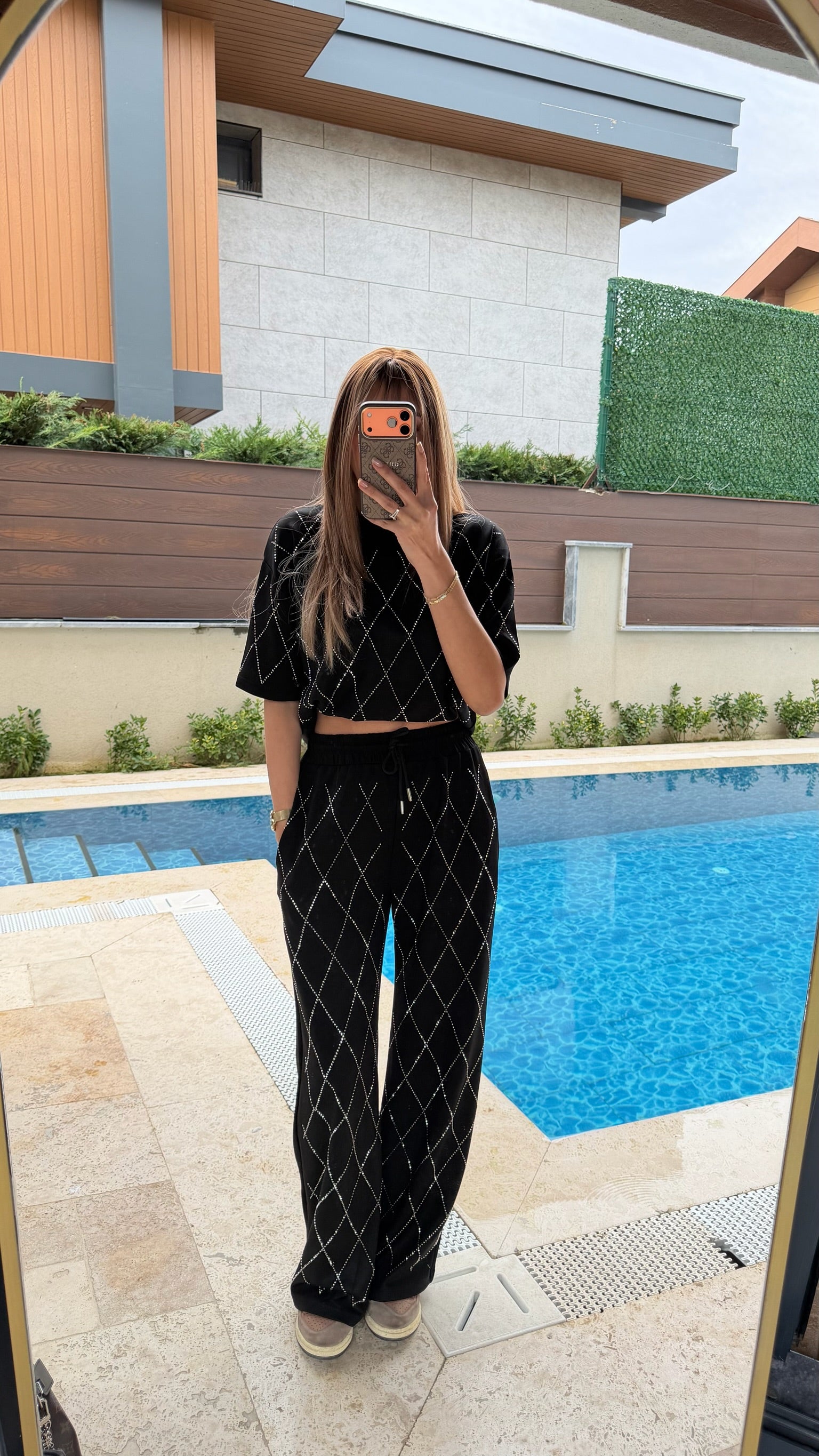 Baklava Desenli Taşlı İkili Tişört Takım Siyah