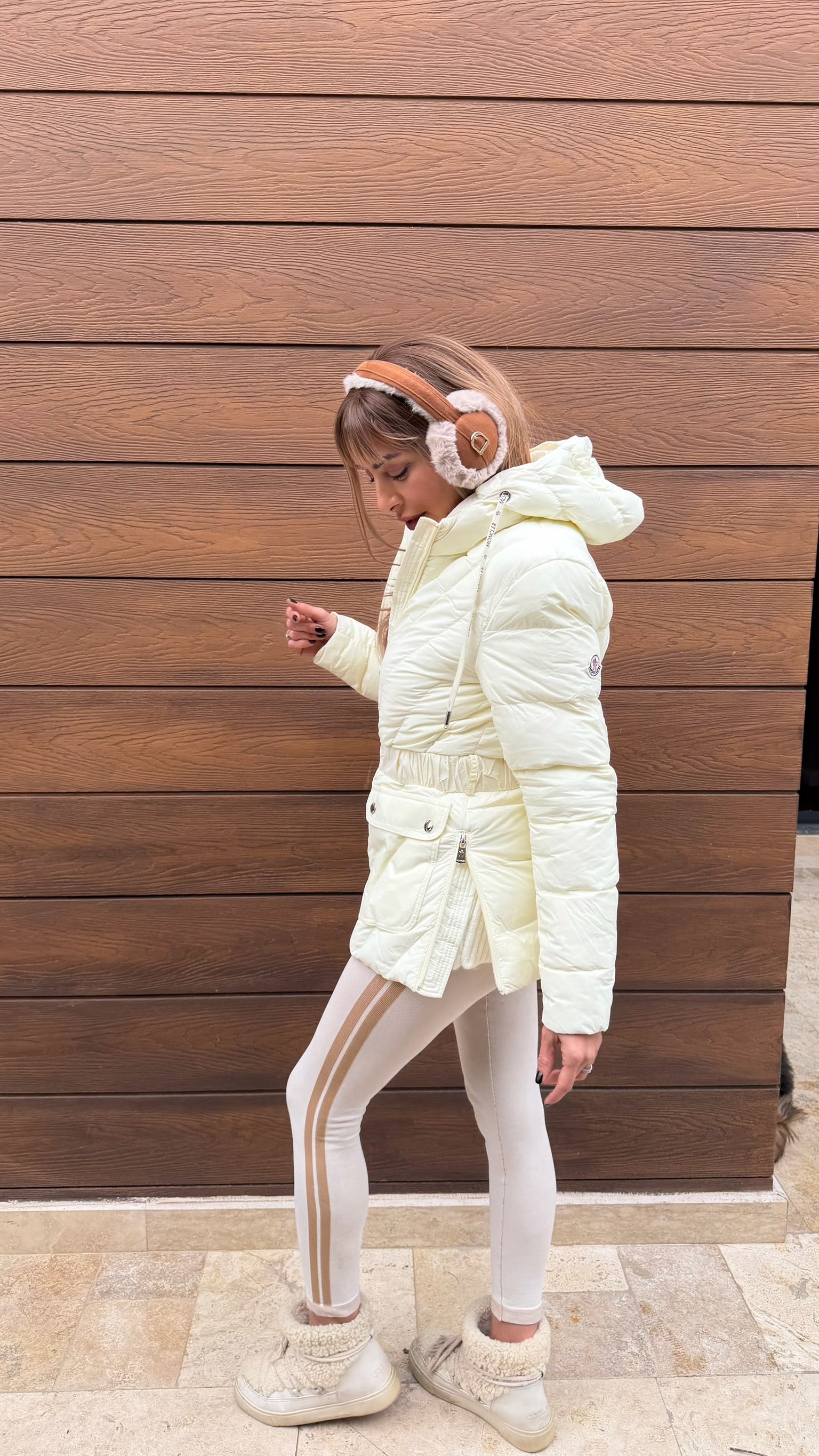 Luxe Kemerli İthal Kaz Tüyü Mont Beyaz