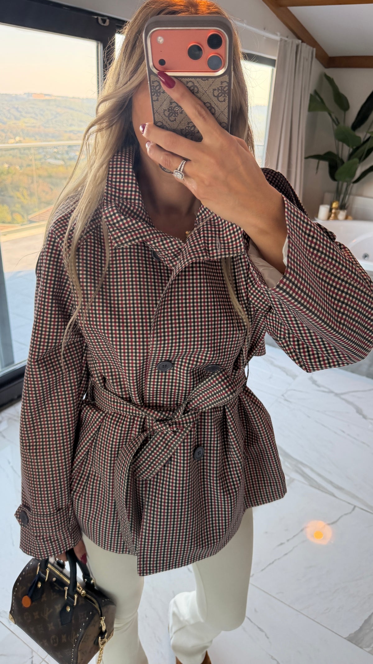 Bordo  Ekose Desenli Kemerli Blazer Ceket
