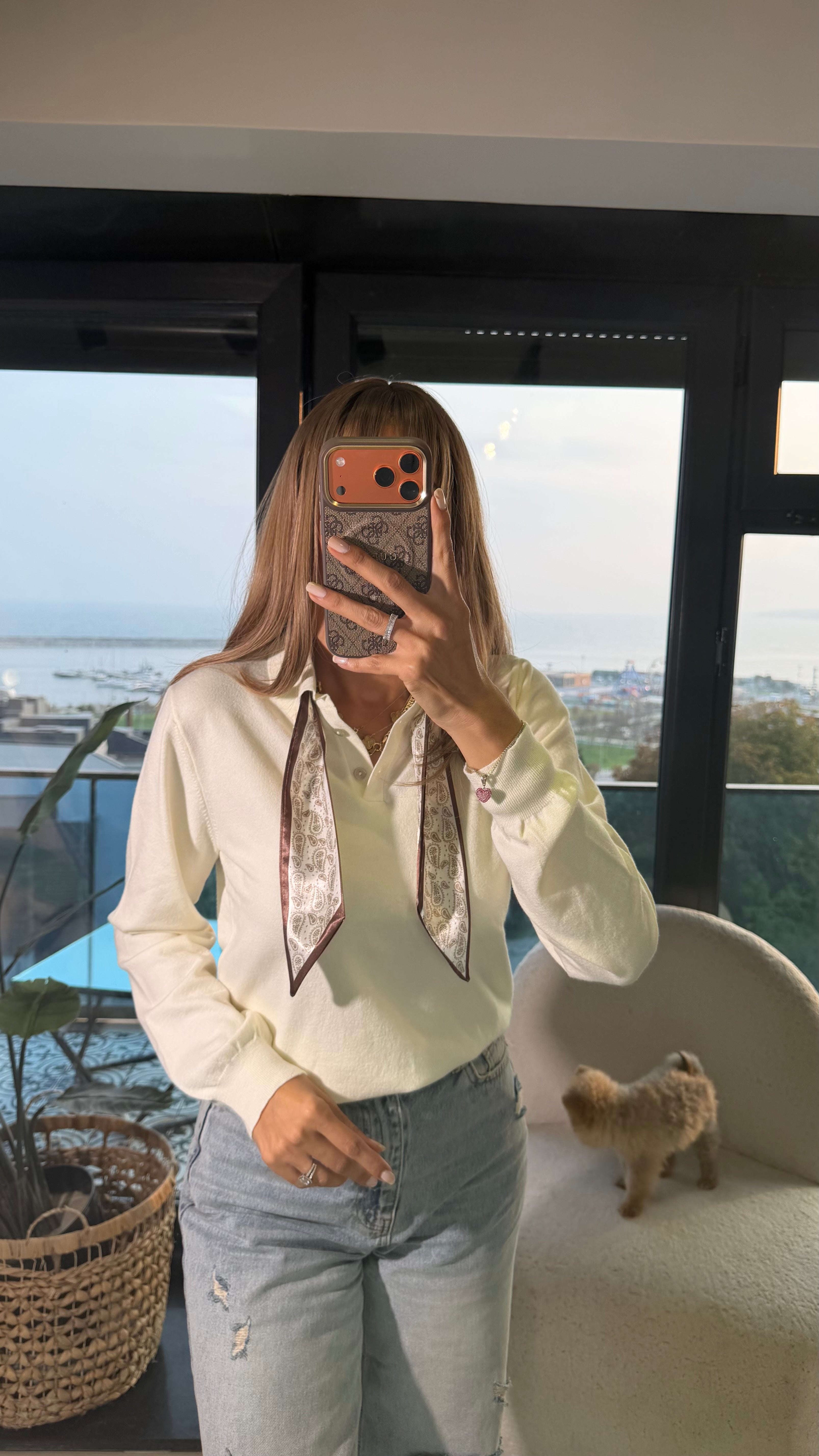 Polo Yaka Fularlı İnce Triko Ekru