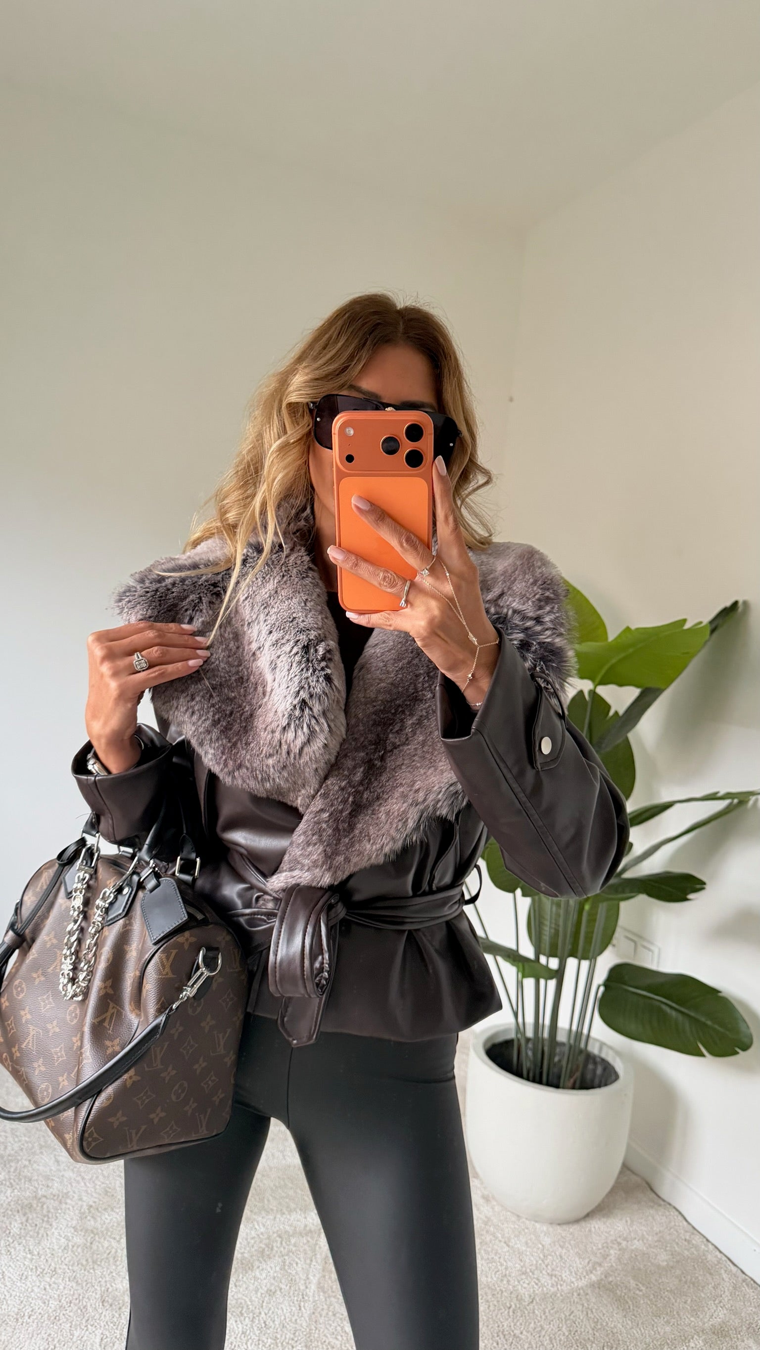 Premium Yakası Kürk Detaylı Deri Ceket Acı Kahve