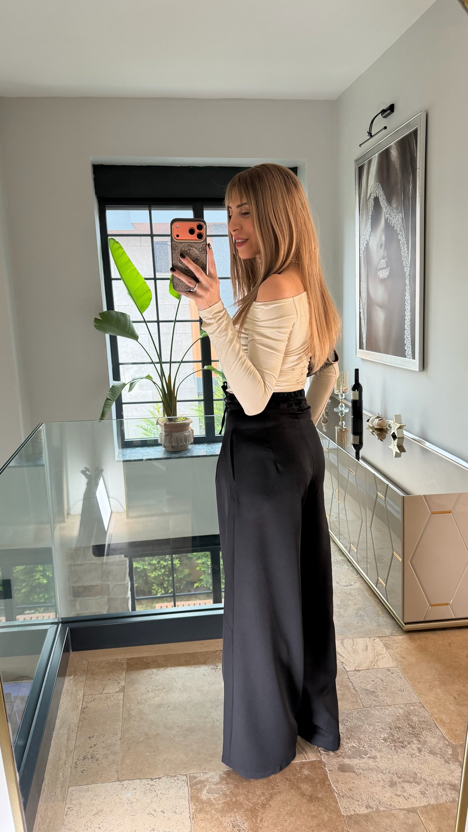 Çift Bağcıklı Kemerli Palazzo Pantolon Siyah