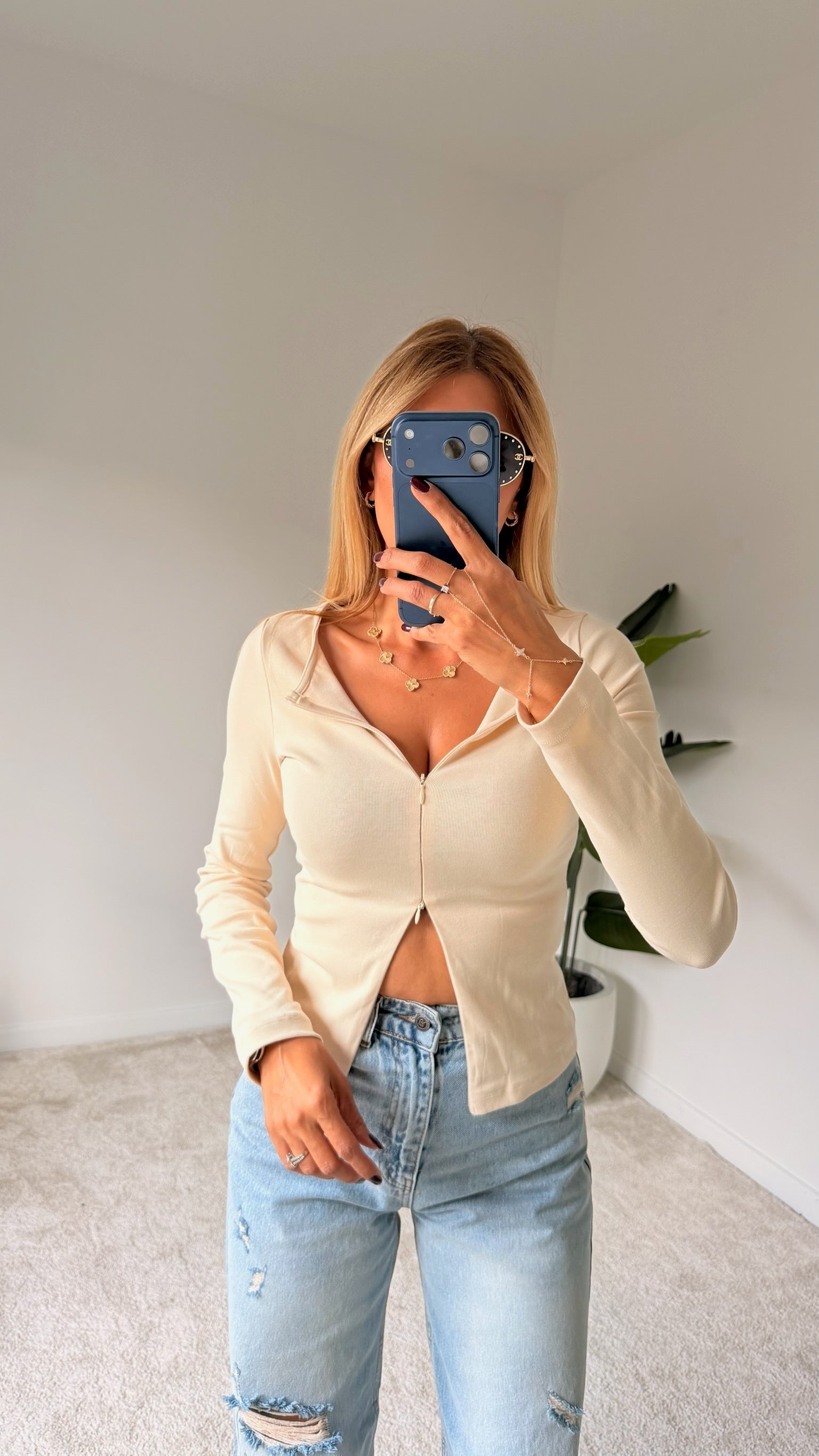 DİLVİN Fermuar Detaylı Bluz Bej
