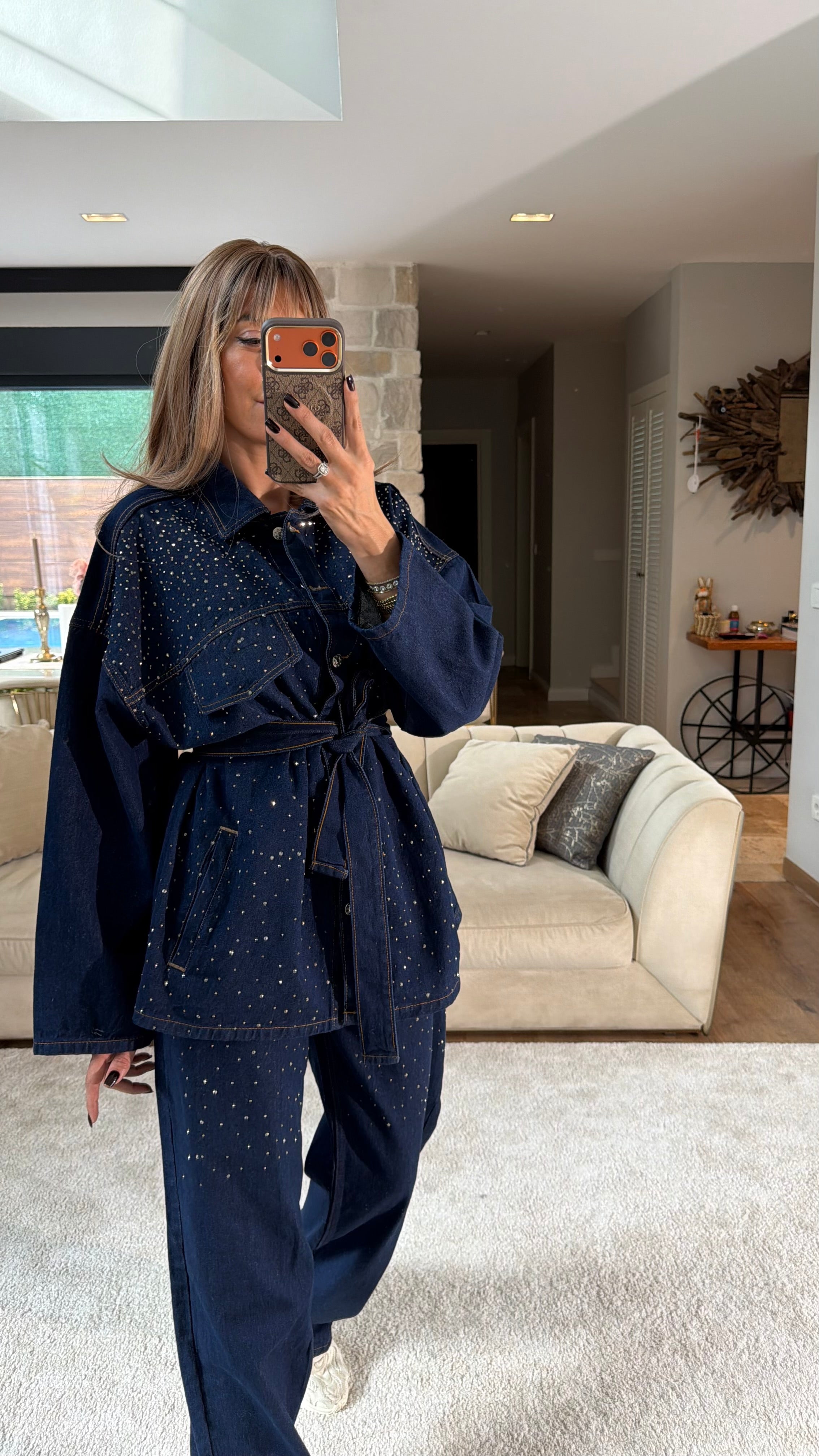 Taşlı Kemerli Kot Ceket Pantolon Takım Lacivert