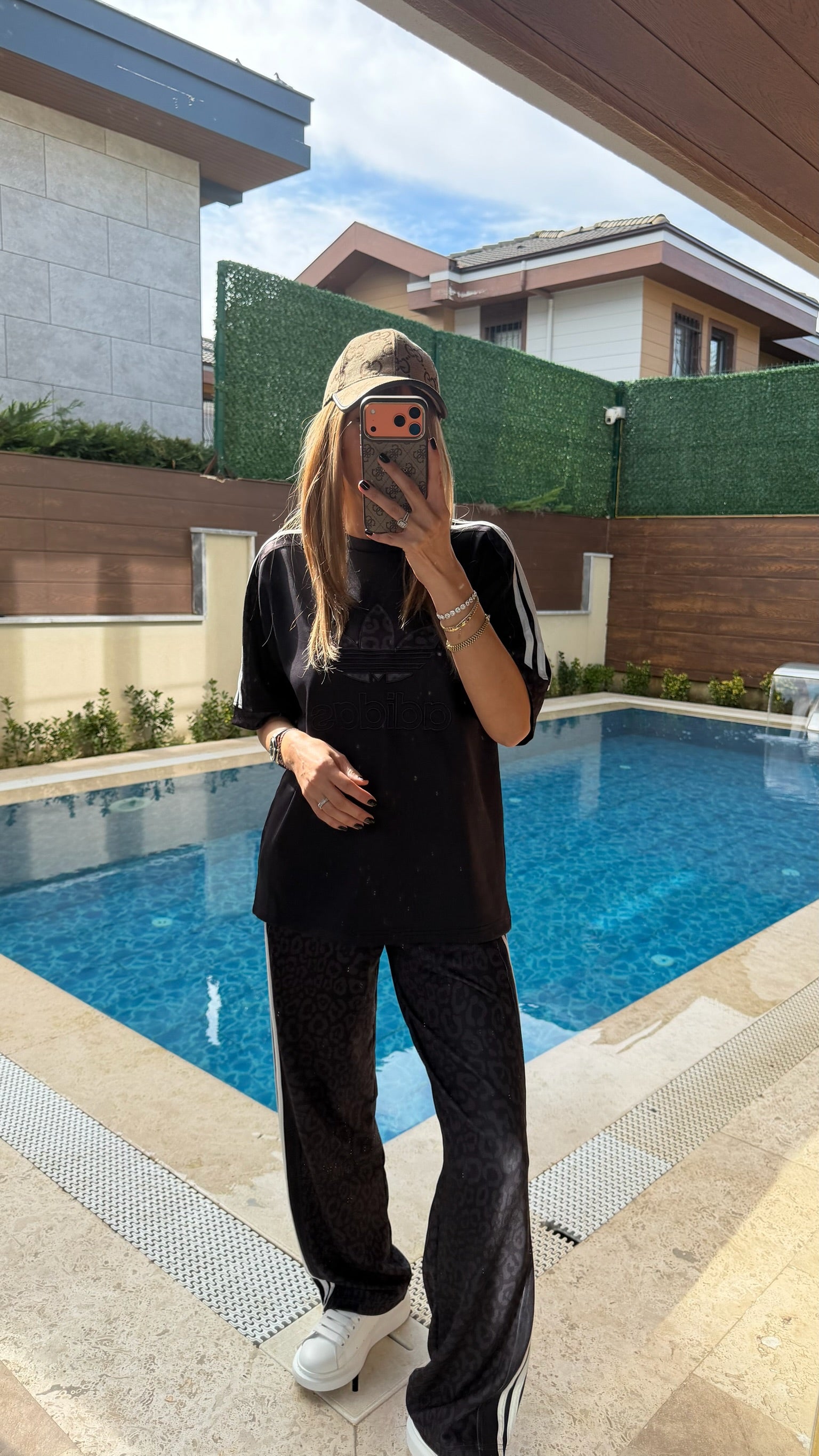 ADS Yan Çizgili Salaş Leopar Tişört Takım Siyah