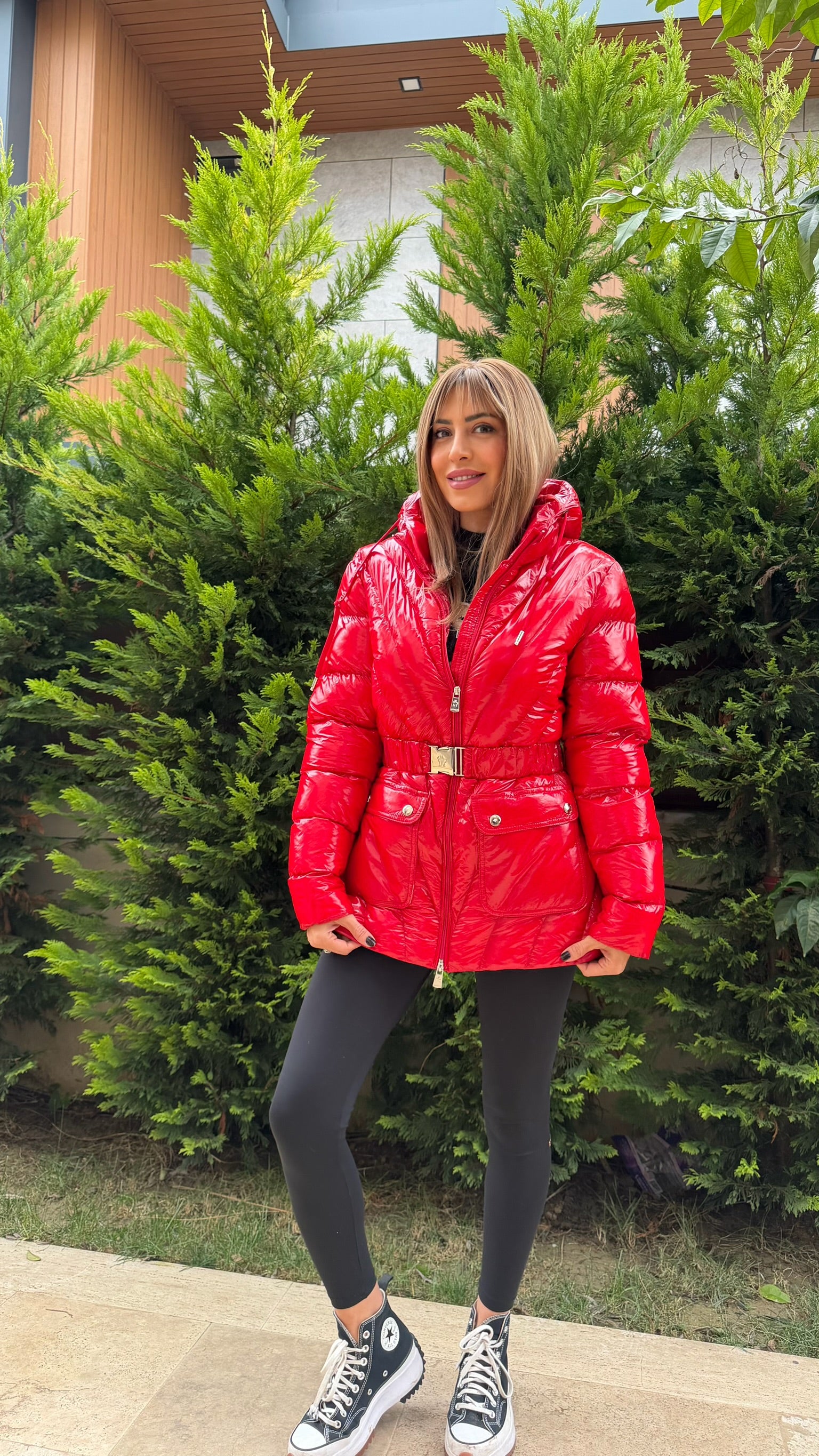 Luxe Kemerli İthal Kaz Tüyü Mont Kırmızı