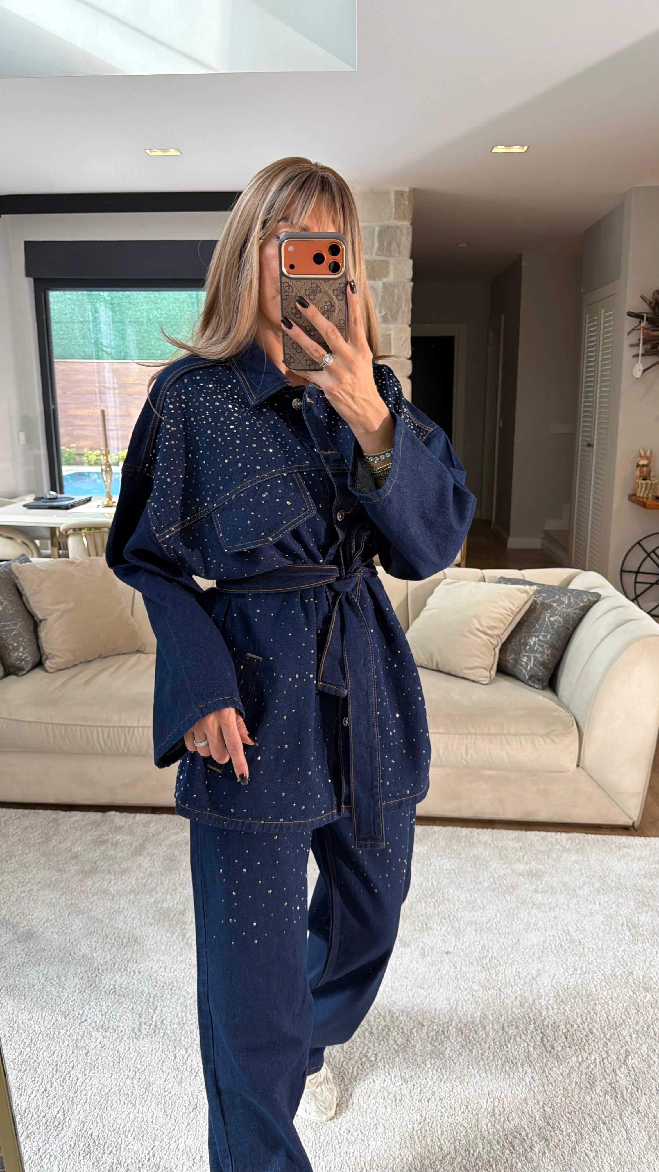 Taşlı Kemerli Kot Ceket Pantolon Takım Lacivert