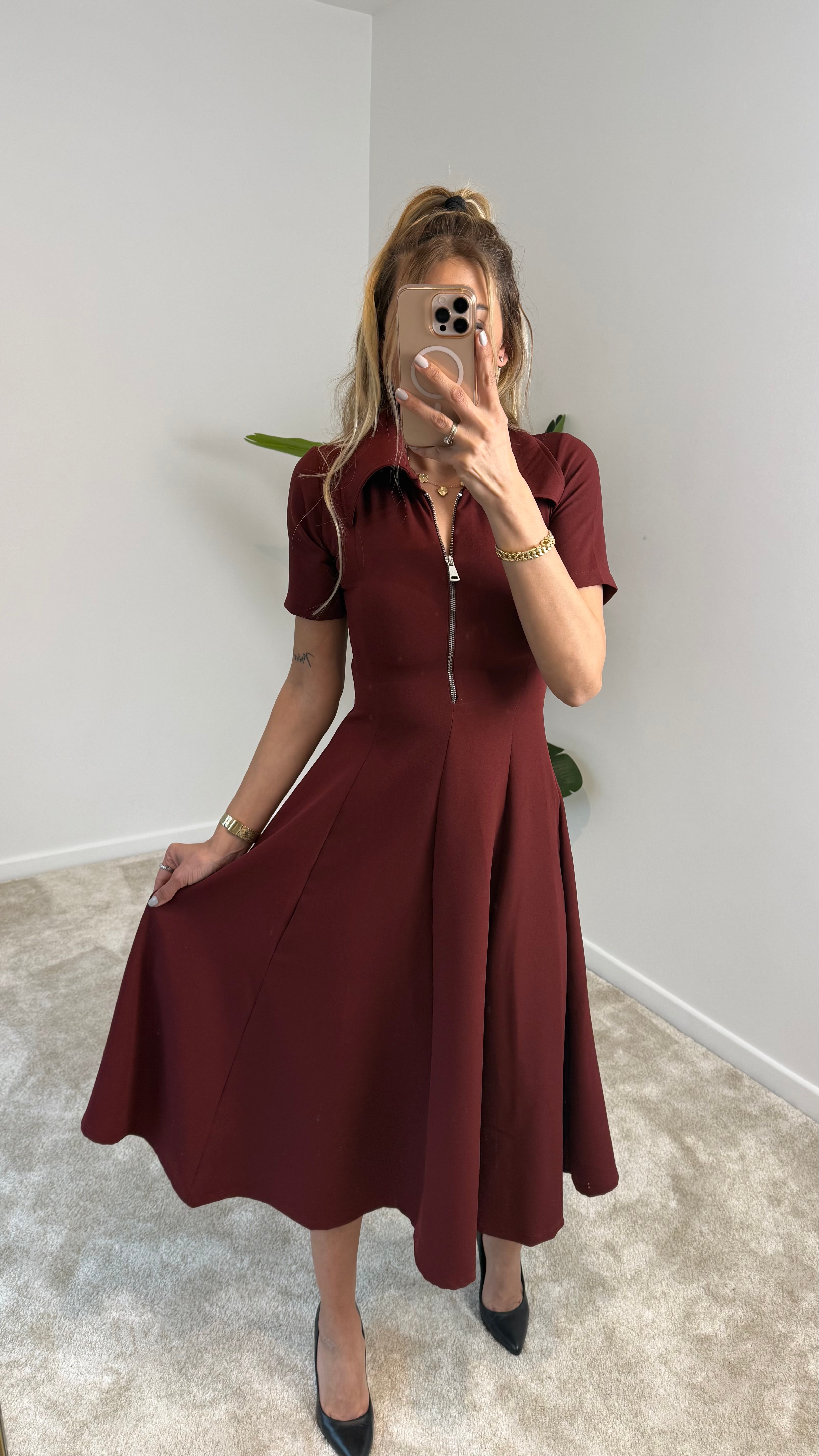 Kier Bordo Fermuarlı Elbise