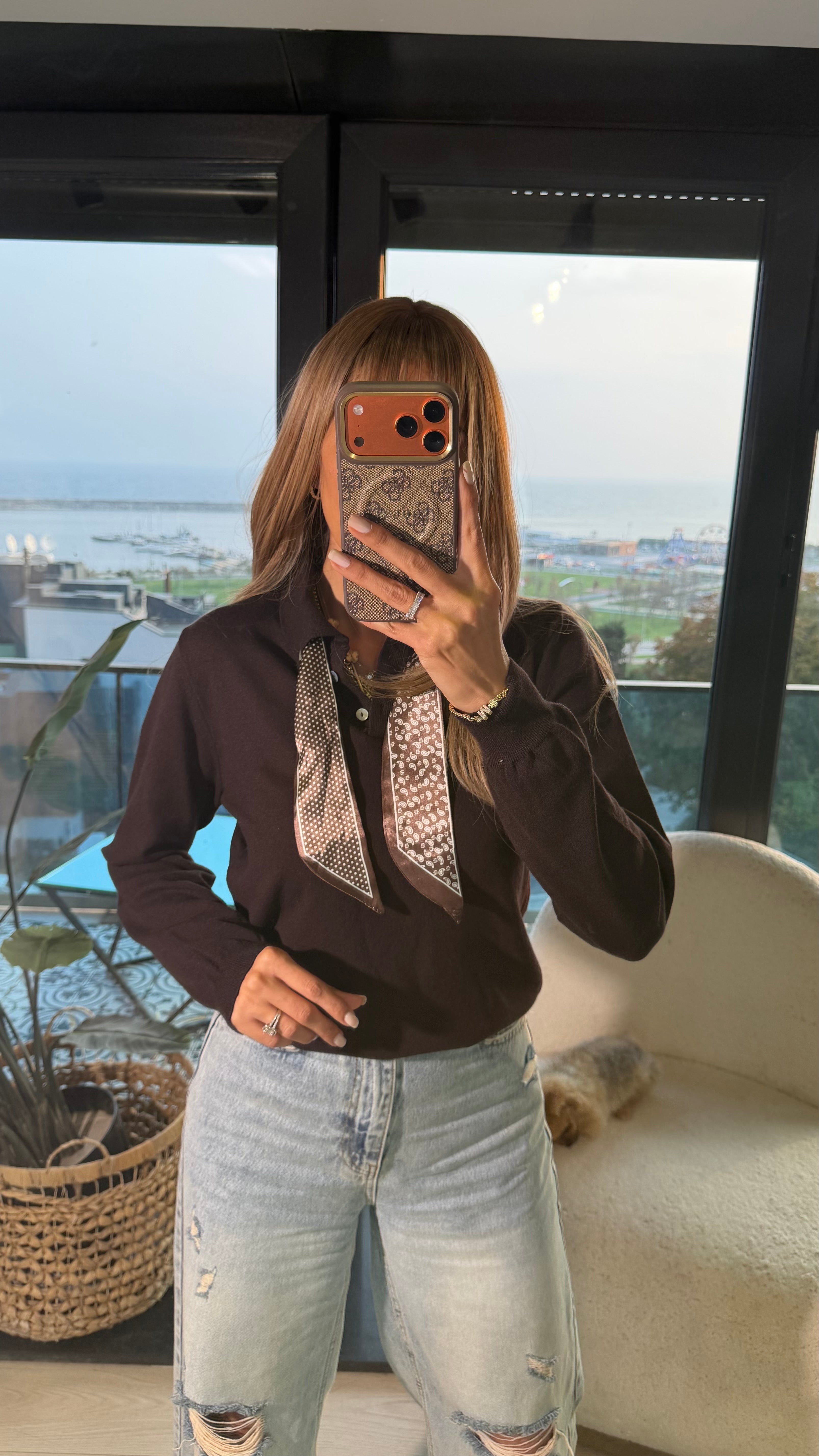 Polo Yaka Fularlı İnce Triko Acı Kahve