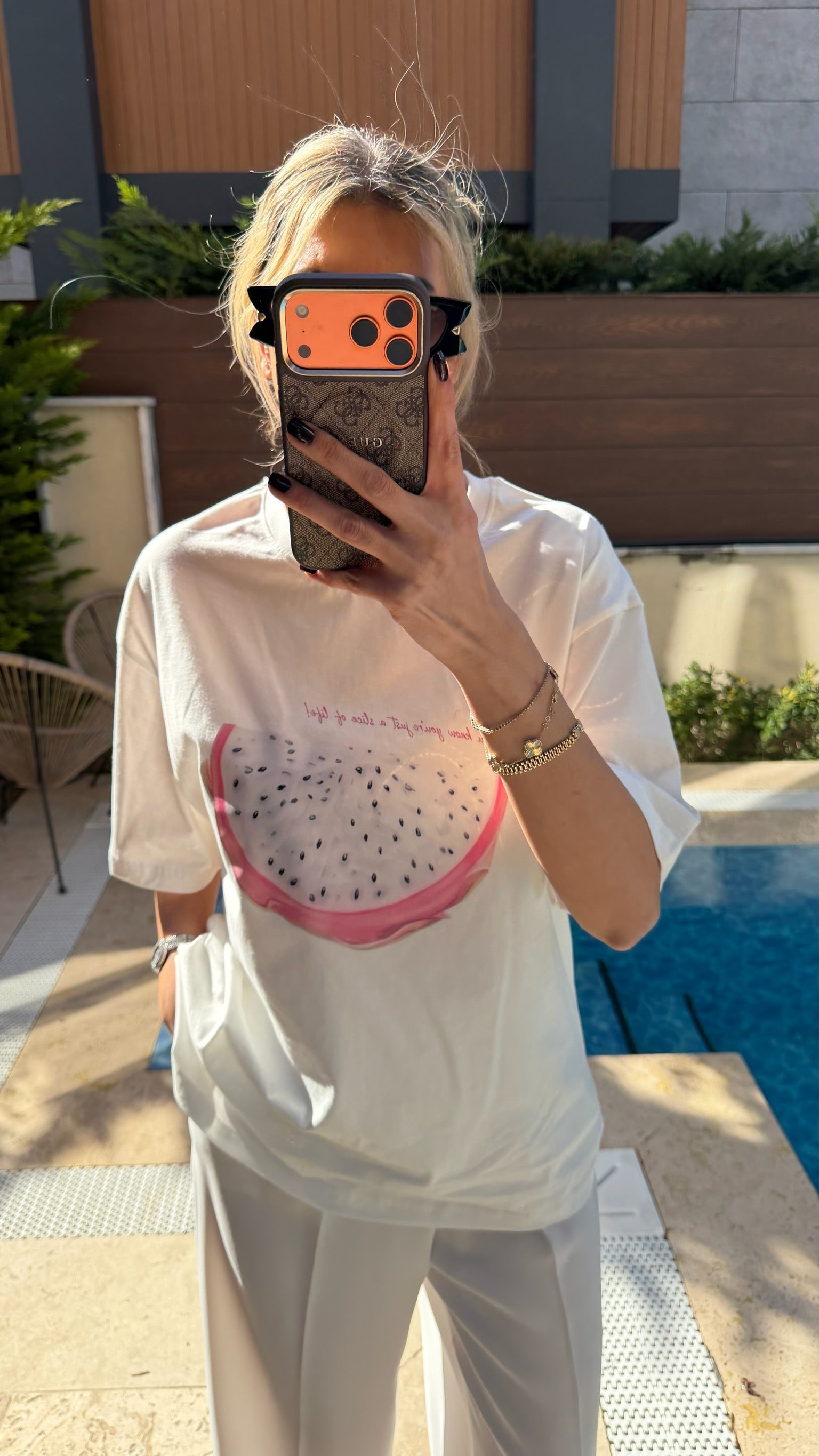 Meyve Baskılı Oversize Tişört Beyaz