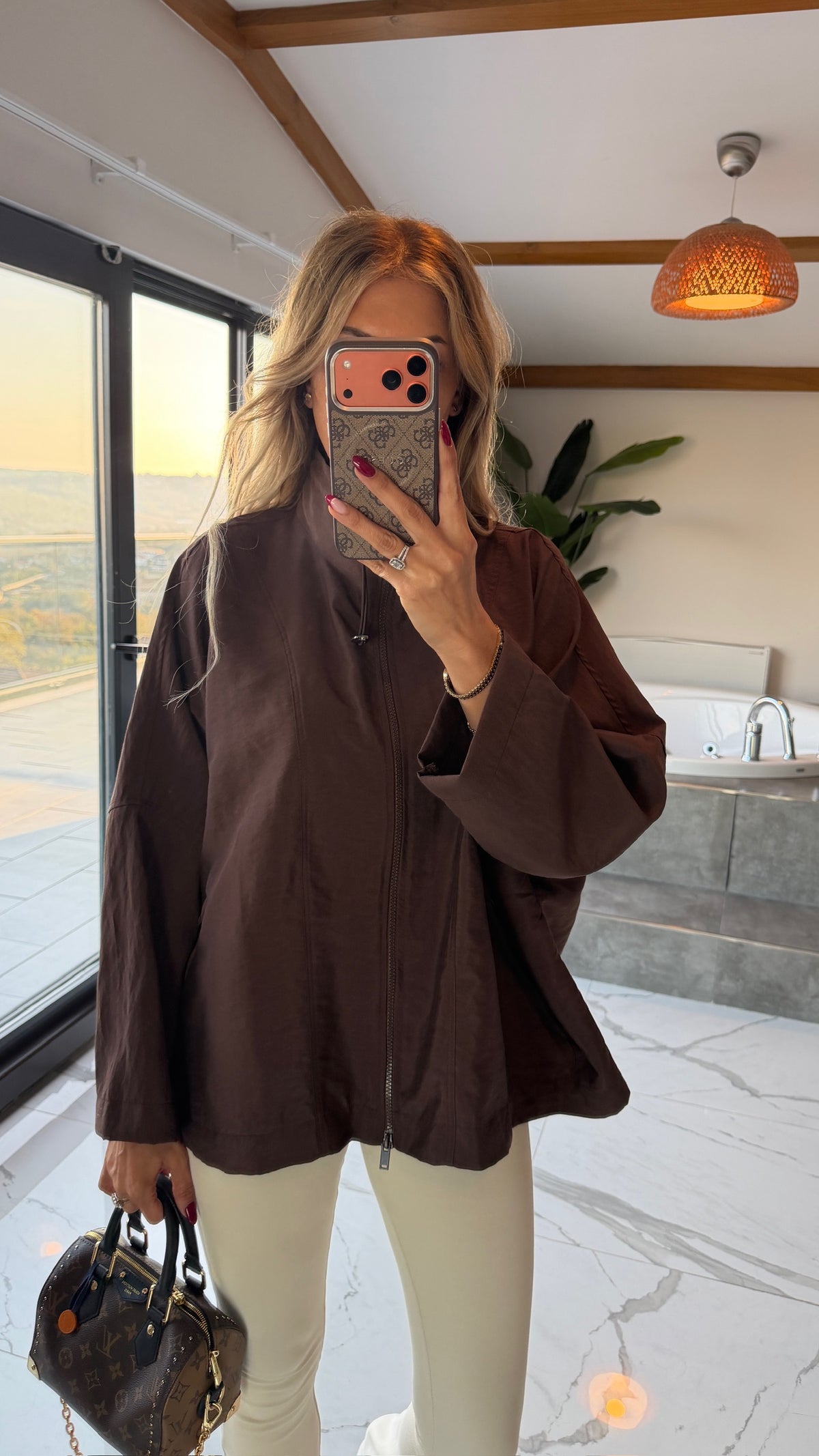 Oversize Kapüşonlu Fermuarlı Sweatshirt Ceket Kahverengi