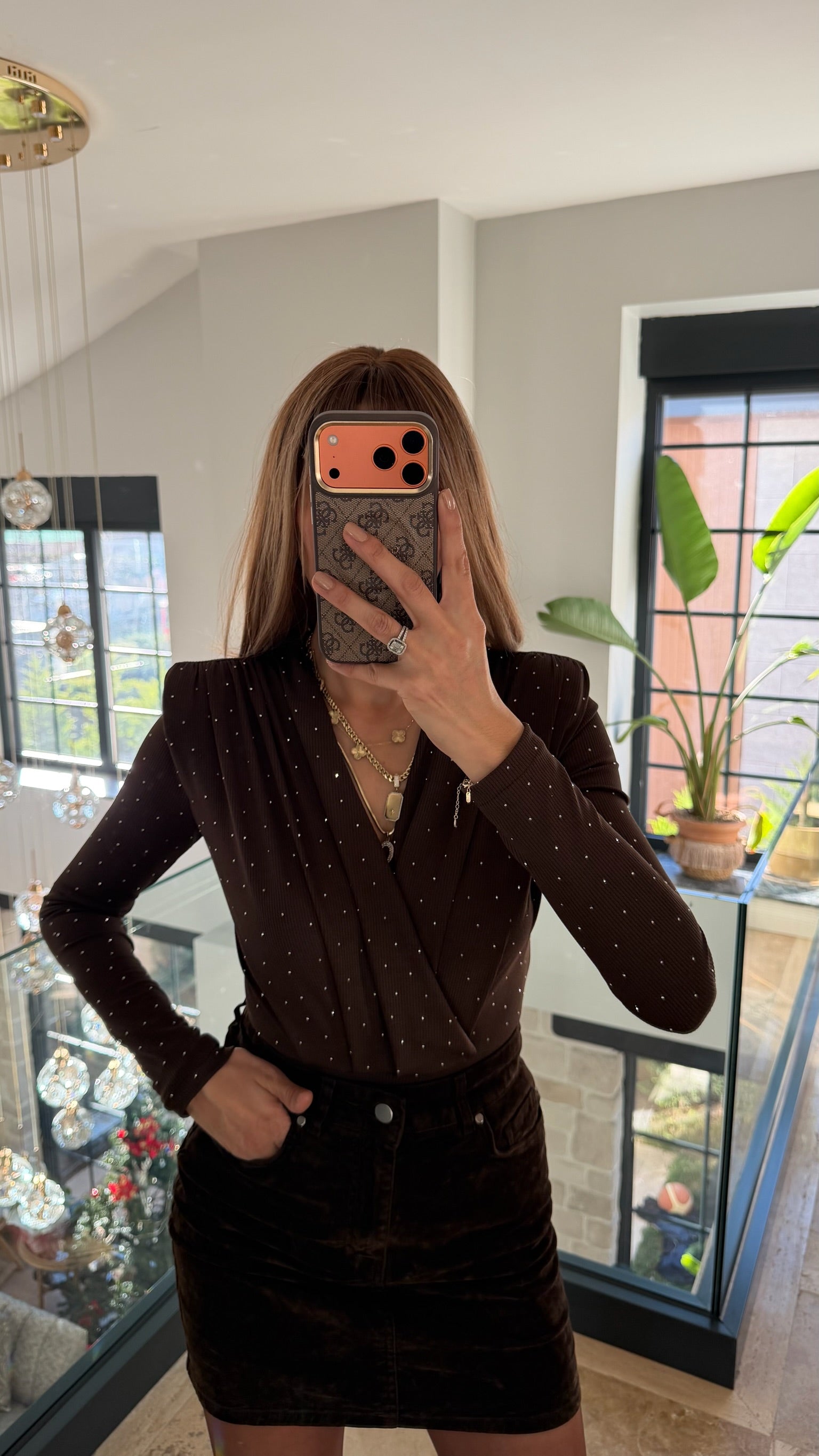 Acı Kahve V Yaka Taşlı Vatkalı Drapeli Bodysuit