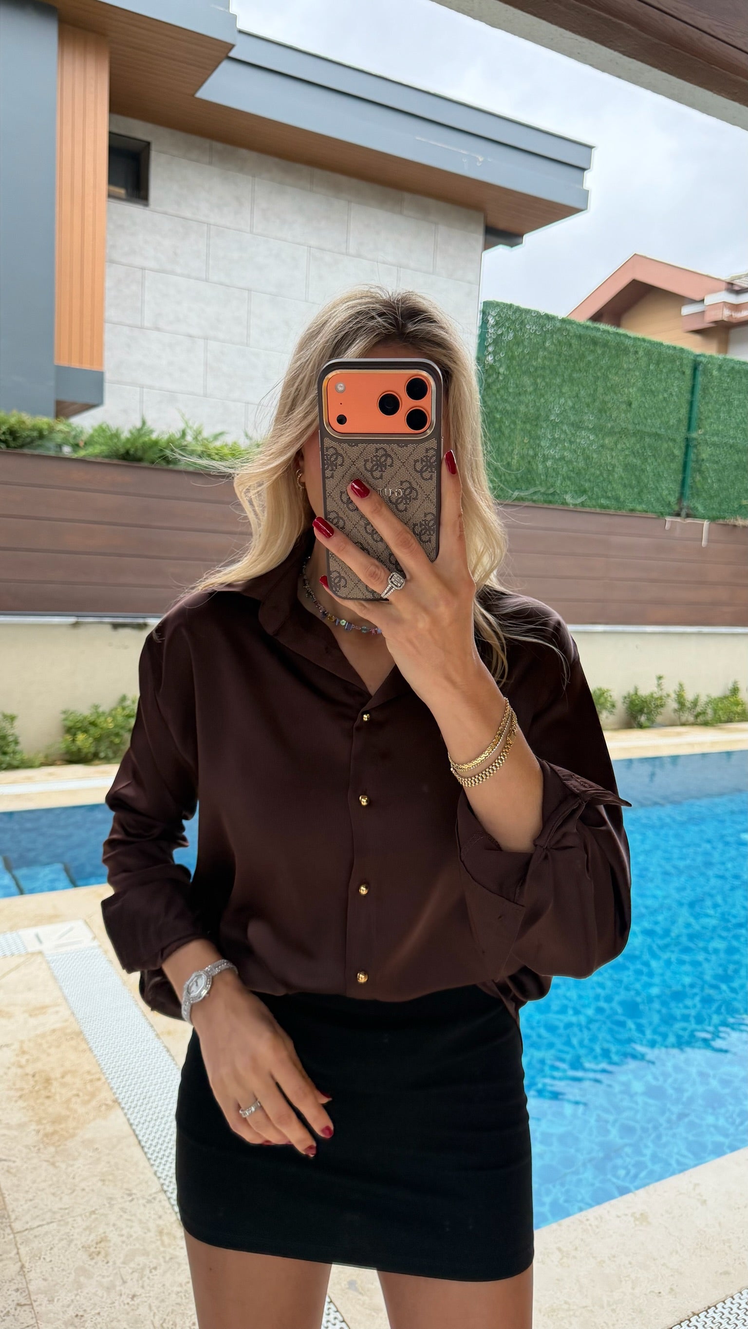 Kruvaze Yaka Gold Düğmeli Saten Gömlek Acı Kahve