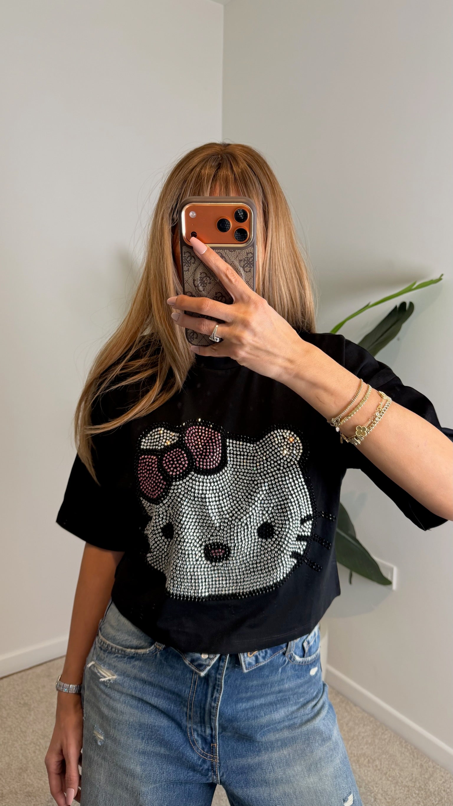 Hello Kitty Taş Detaylı Crop Tişört Siyah