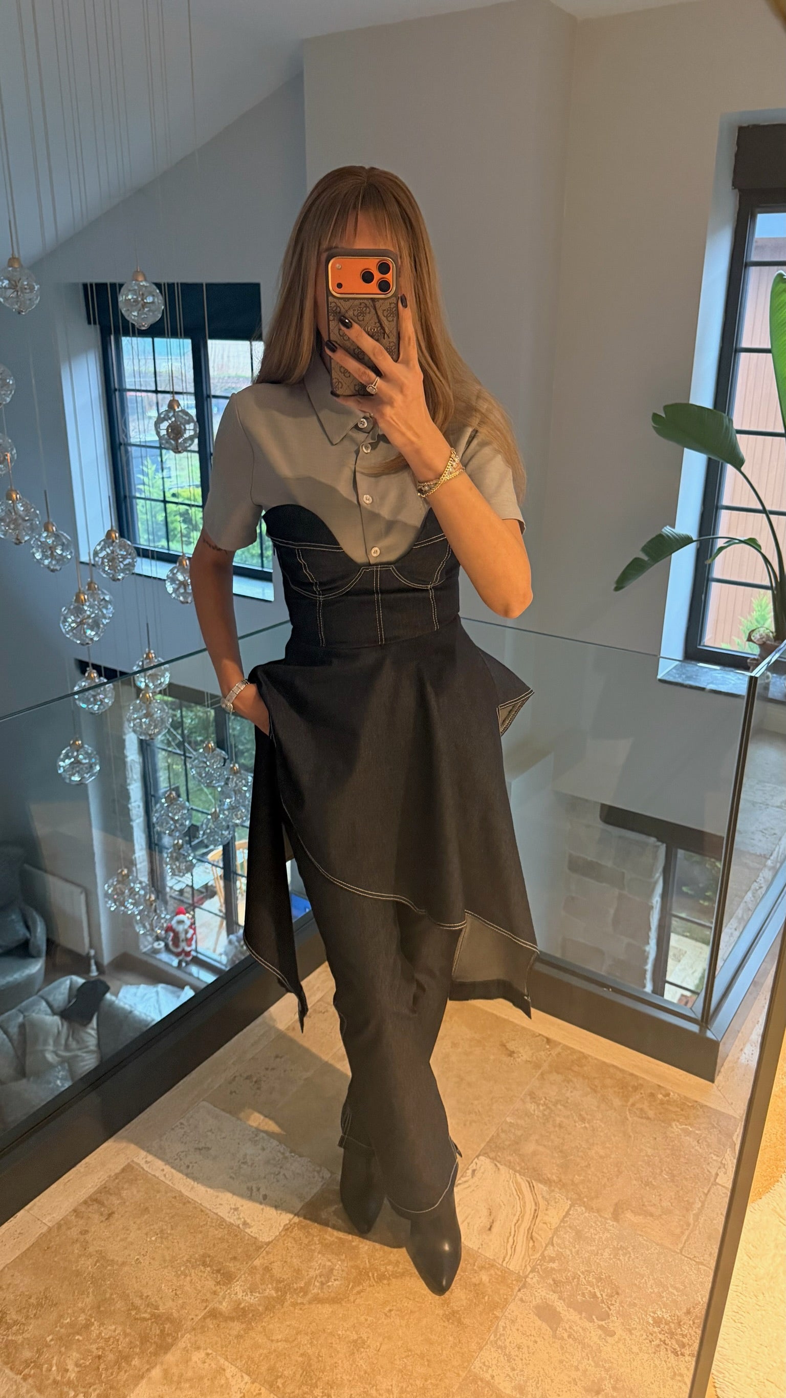 Asimetrik Kesimli Kot Büstiyer Pantolon Gömlek Üçlü Takım Siyah