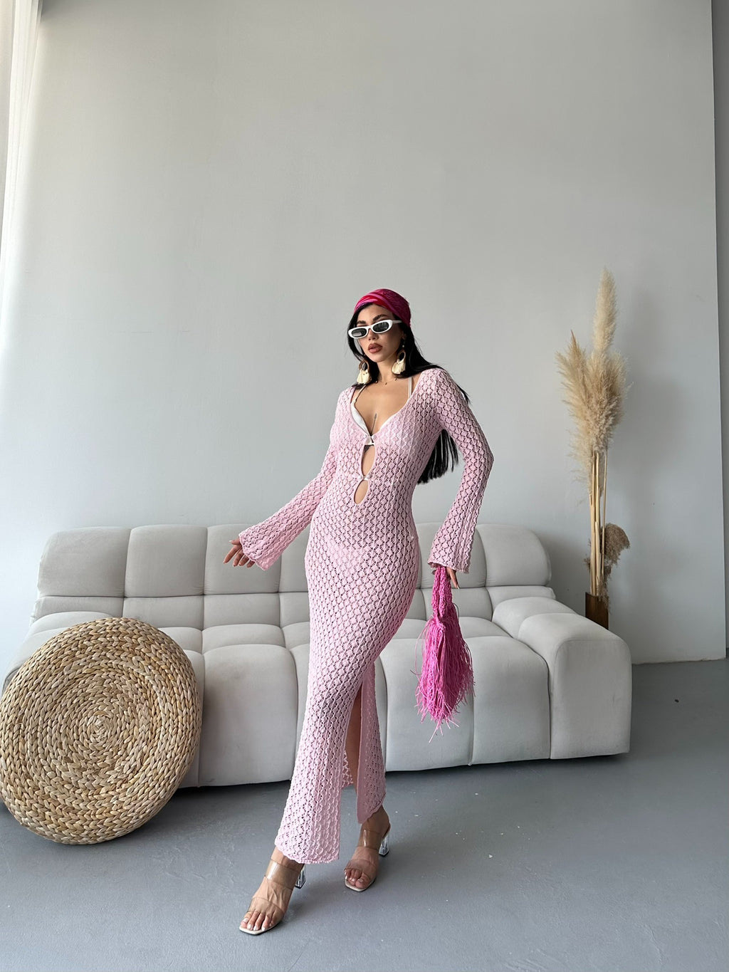 Sea Breeze File Detaylı Plaj Elbisesi Pembe