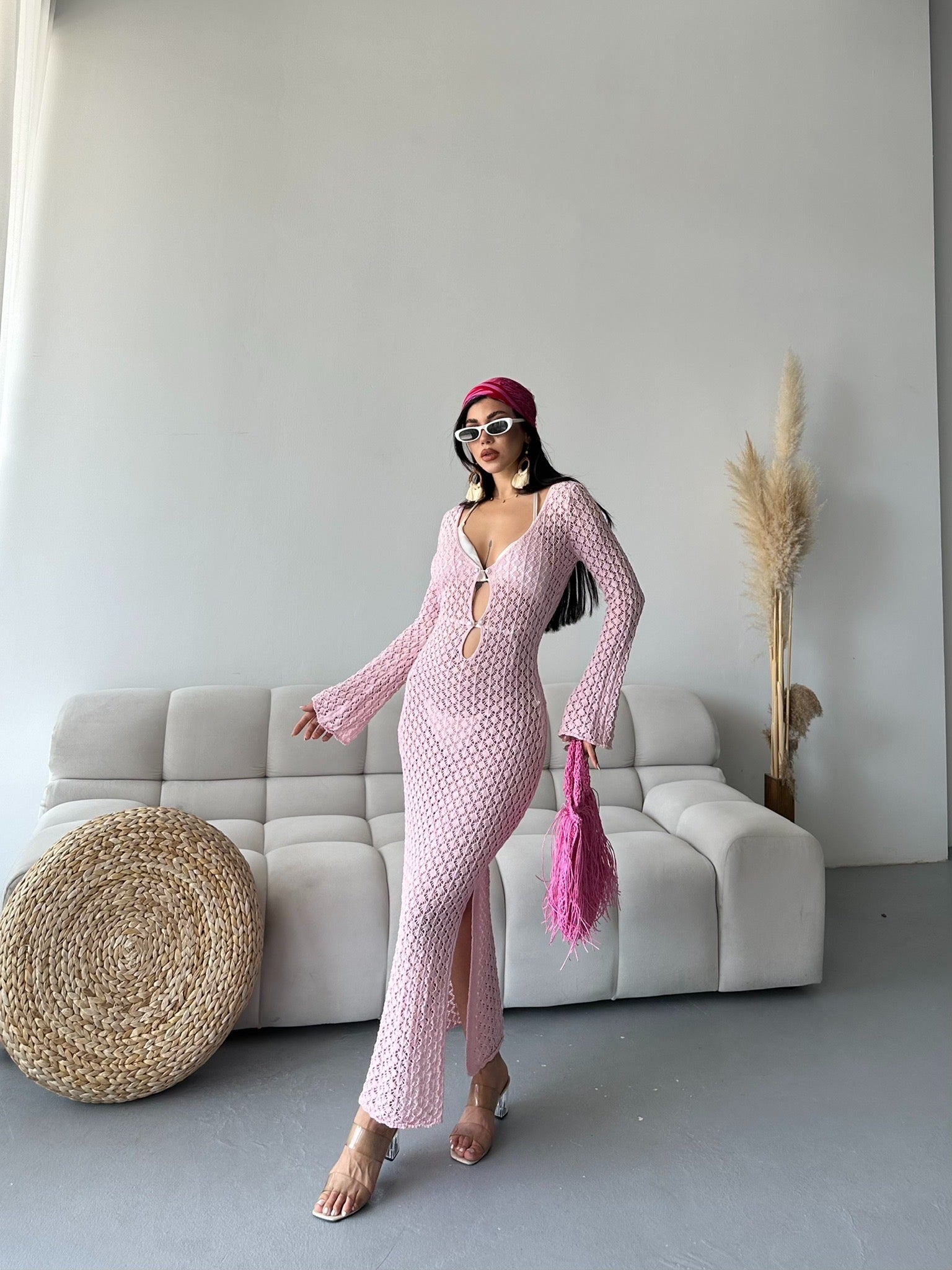 Sea Breeze File Detaylı Plaj Elbisesi Pembe