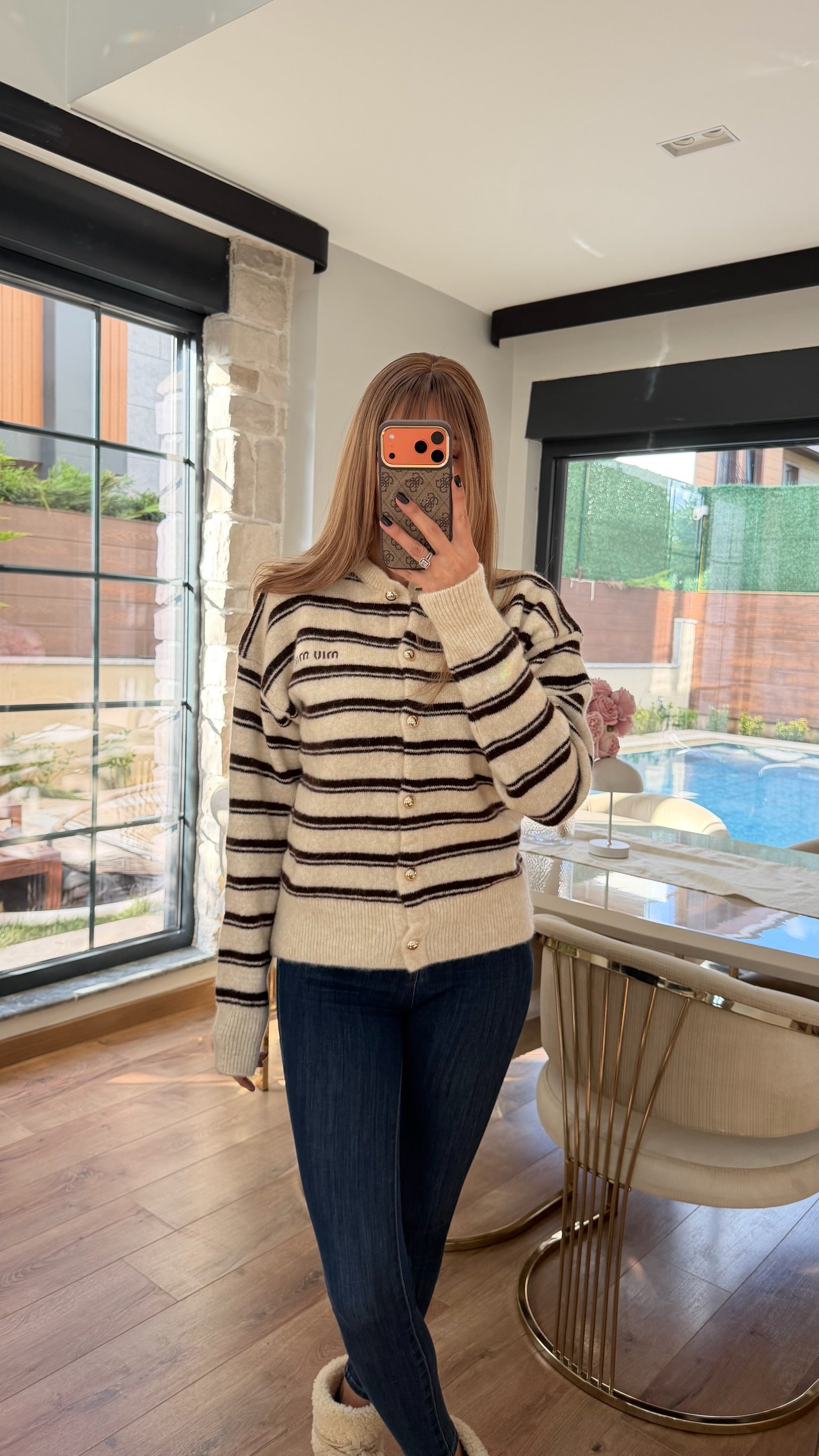 MM Yumoş Gold Düğmeli Şeritli Hırka Ekru