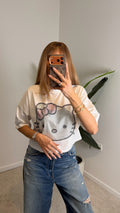 Hello Kitty Taş Detaylı Crop Tişört Beyaz