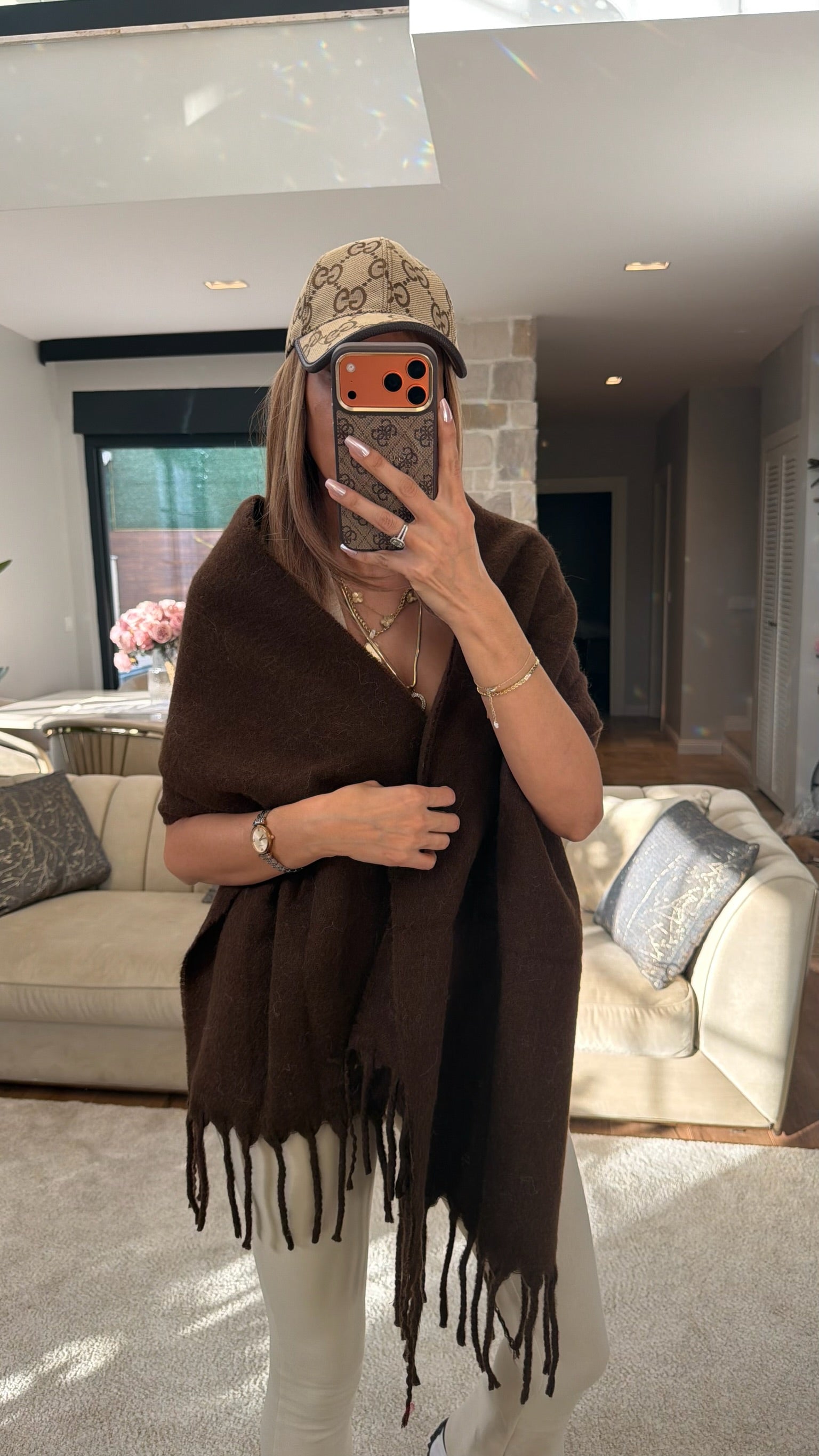 Kahverengi Saçak Uçlu Yumuşak Dokulu Şal